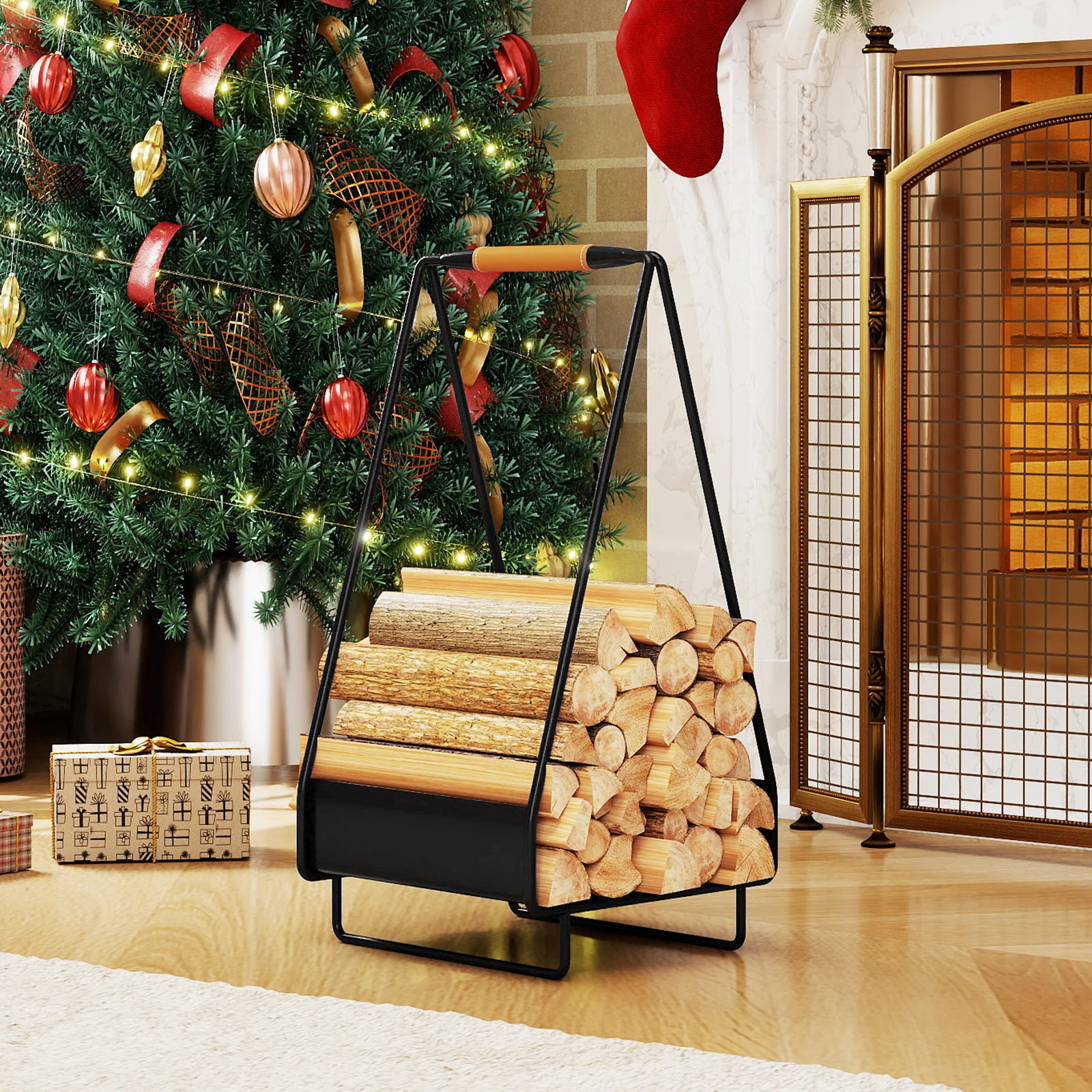 Firewood Storage Rack Heavy-duty Metal Log Holder with Handle and Square Rack - Image 2