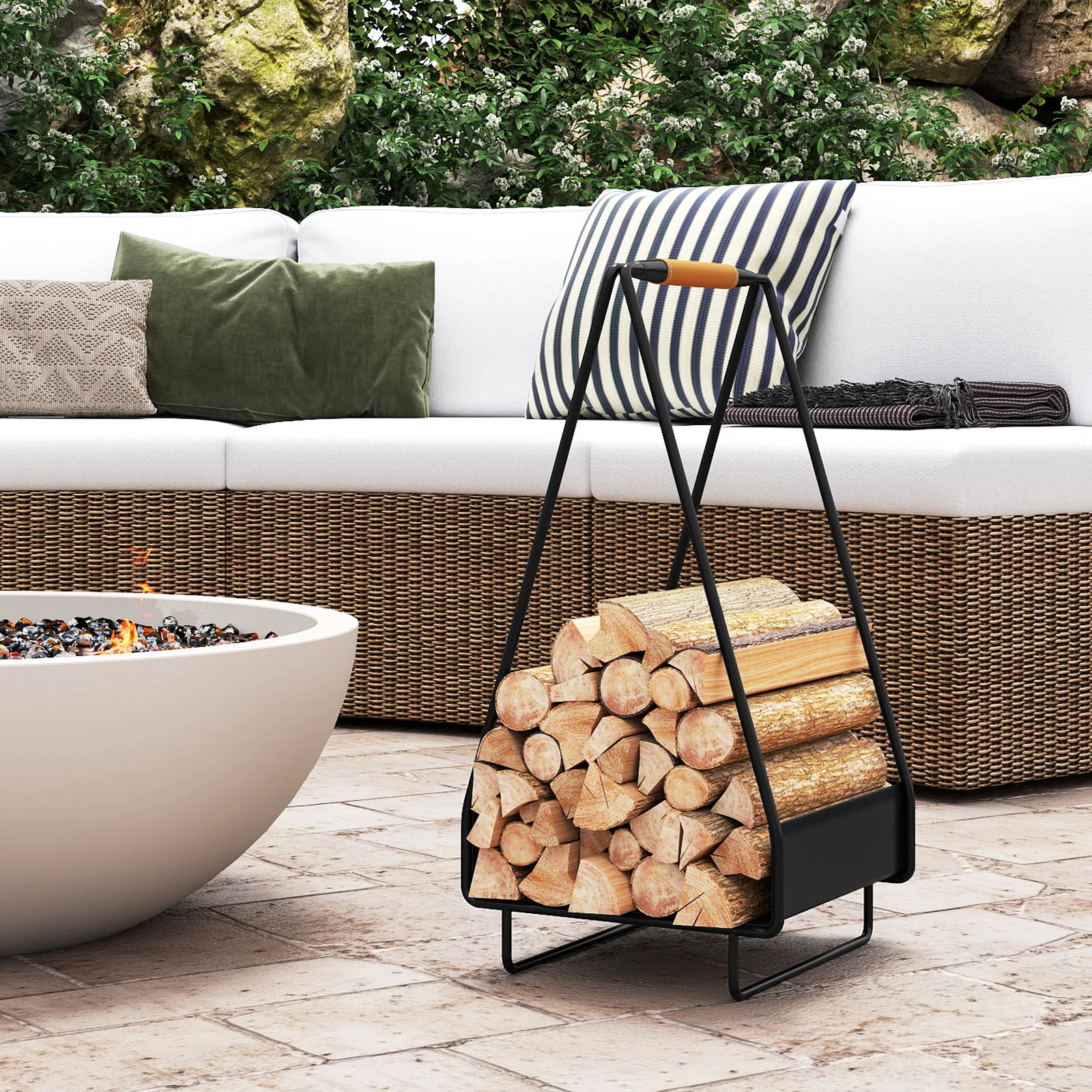 Firewood Storage Rack Heavy-duty Metal Log Holder with Handle and Square Rack - Image 3