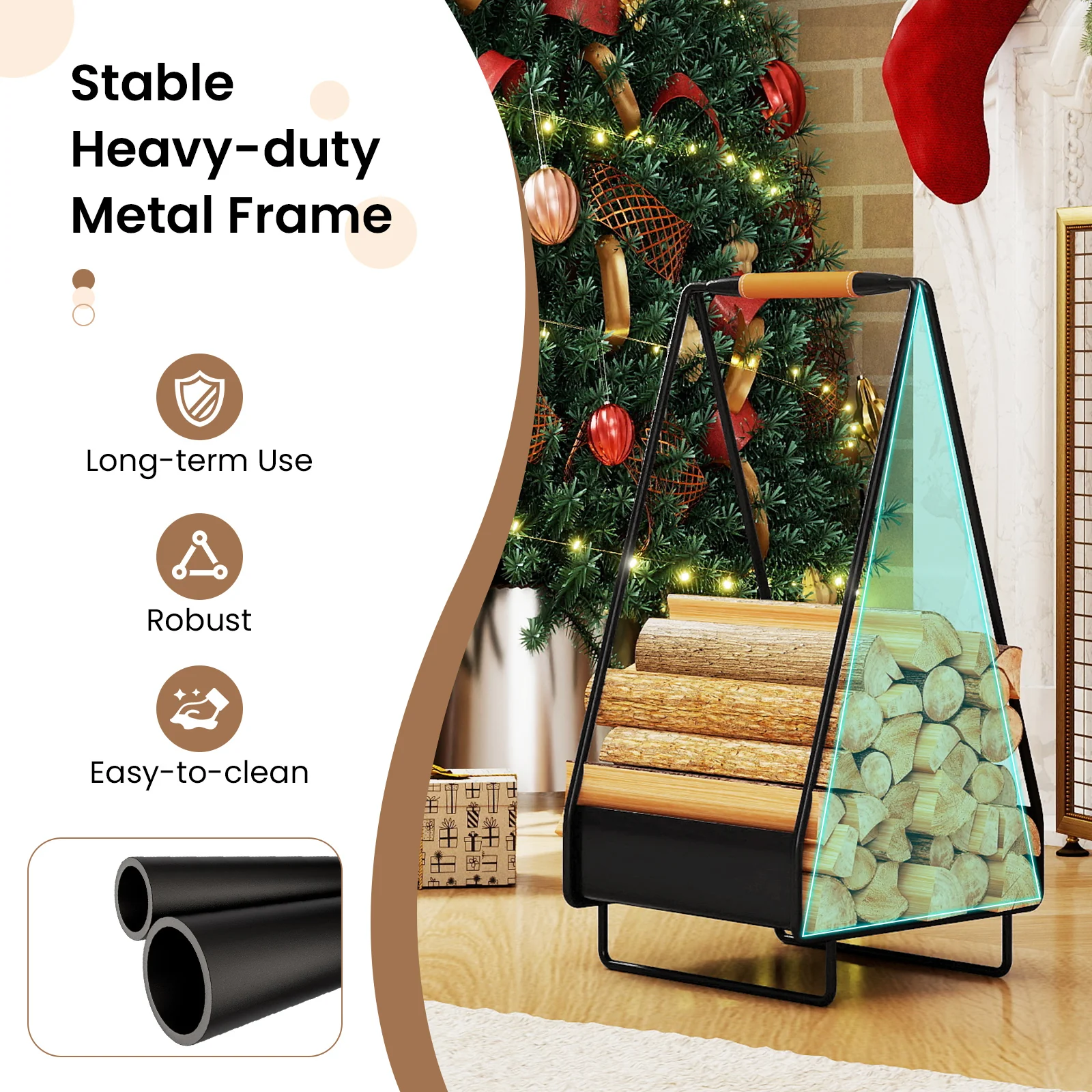 Firewood Storage Rack Heavy-duty Metal Log Holder with Handle and Square Rack - Image 9