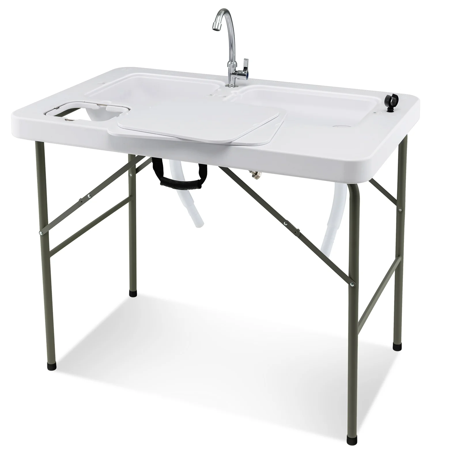 Fish Cleaning Table, 2 Sinks, 360° Rotatable Faucet, White