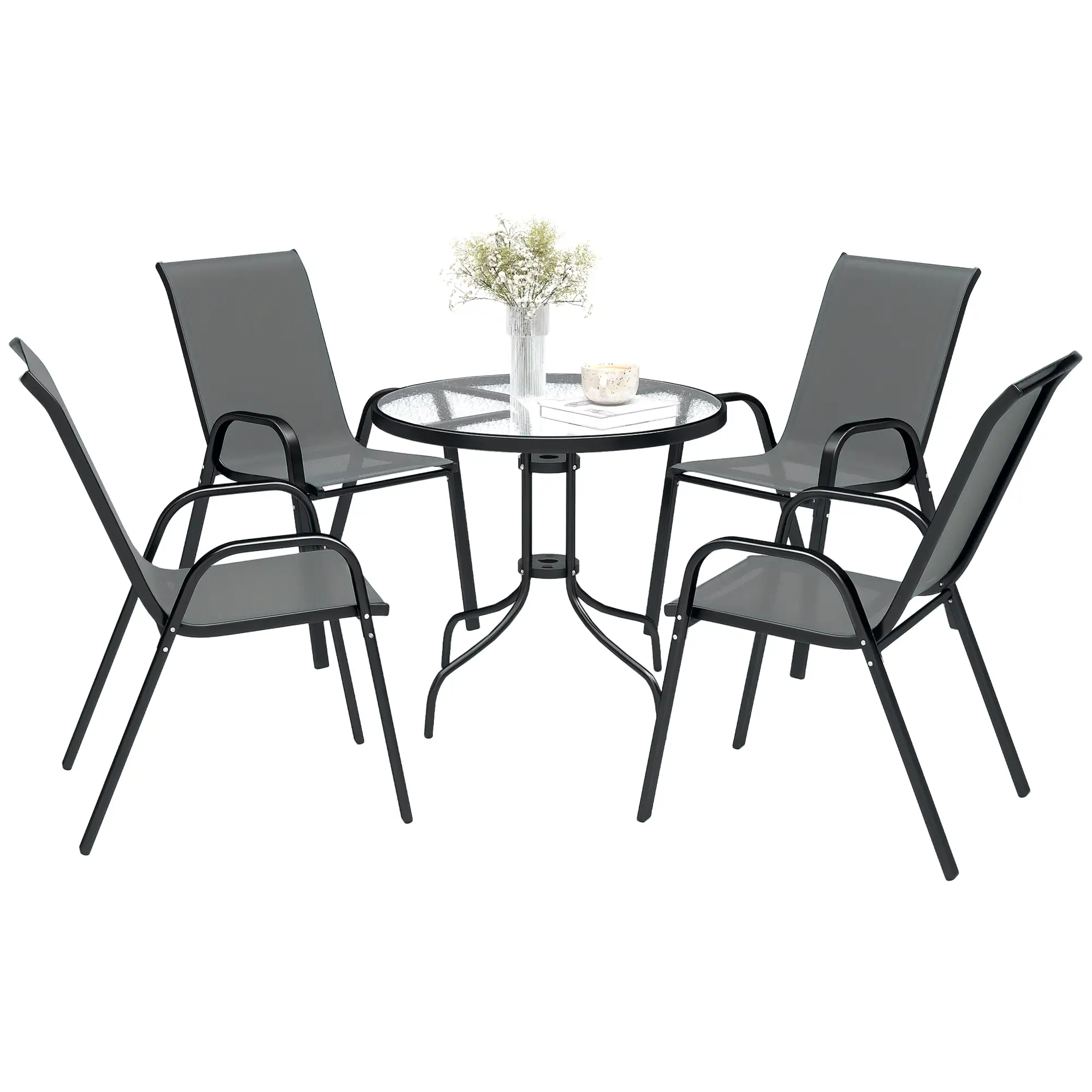 Five-Piece Steel Patio Set, Glass-Top Table, Dark Grey - Image 11