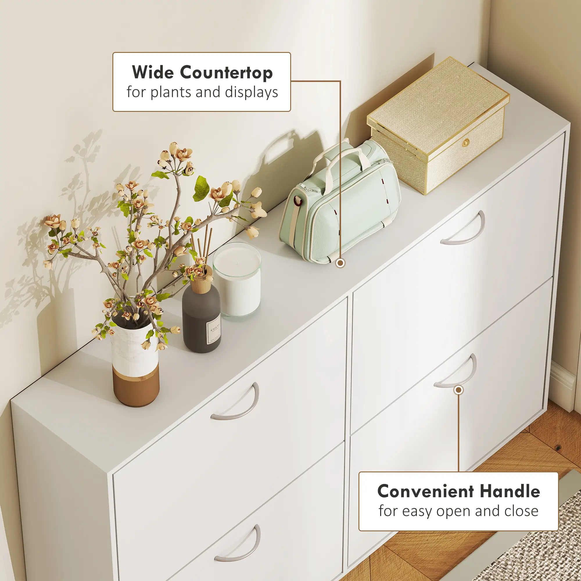 Flip Down Shoe Rack, Wooden Shelf, 4 Drawer Organizer, White - Image 6