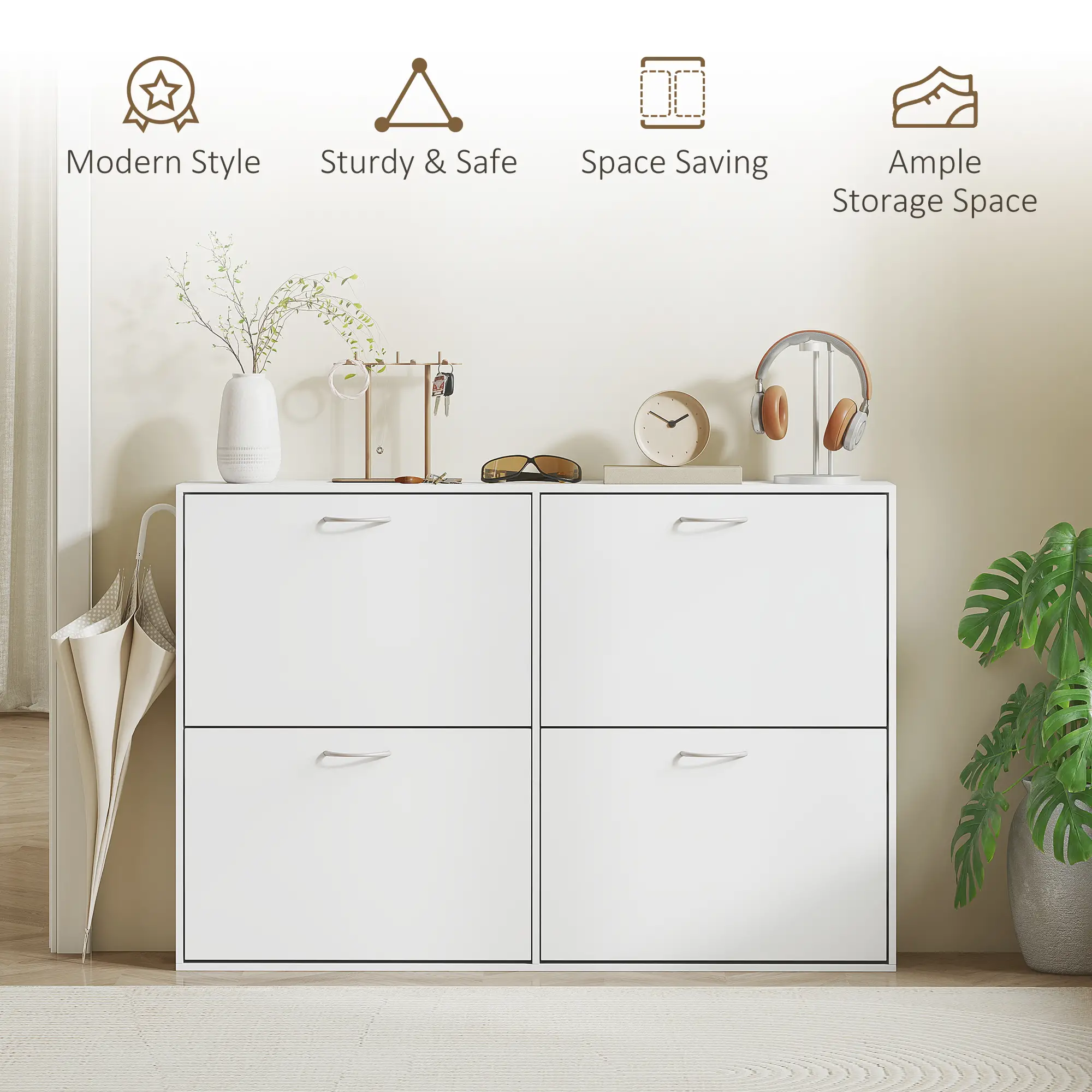 Flip Down Shoe Rack, Wooden Shelf, 4 Drawer Organizer, White - Image 7
