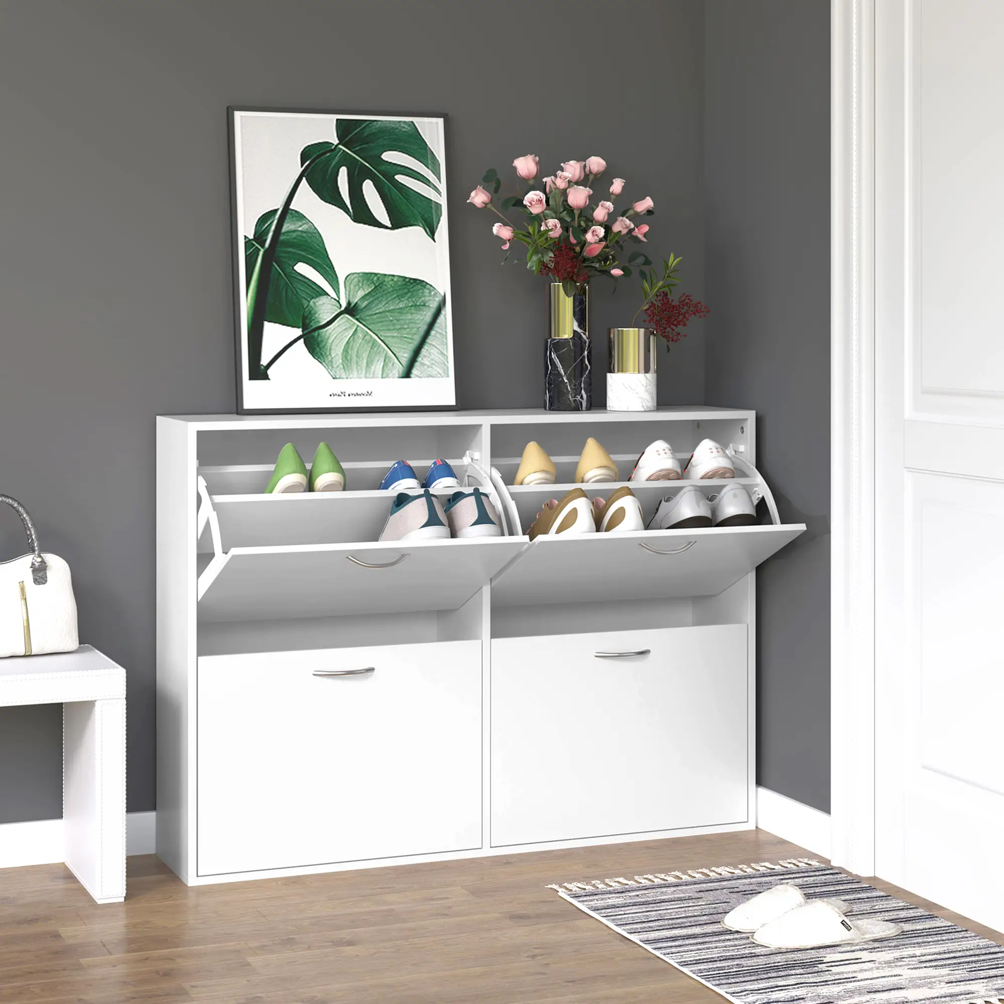 Flip Down Shoe Rack, Wooden Shelf, 4 Drawer Organizer, White - Image 8