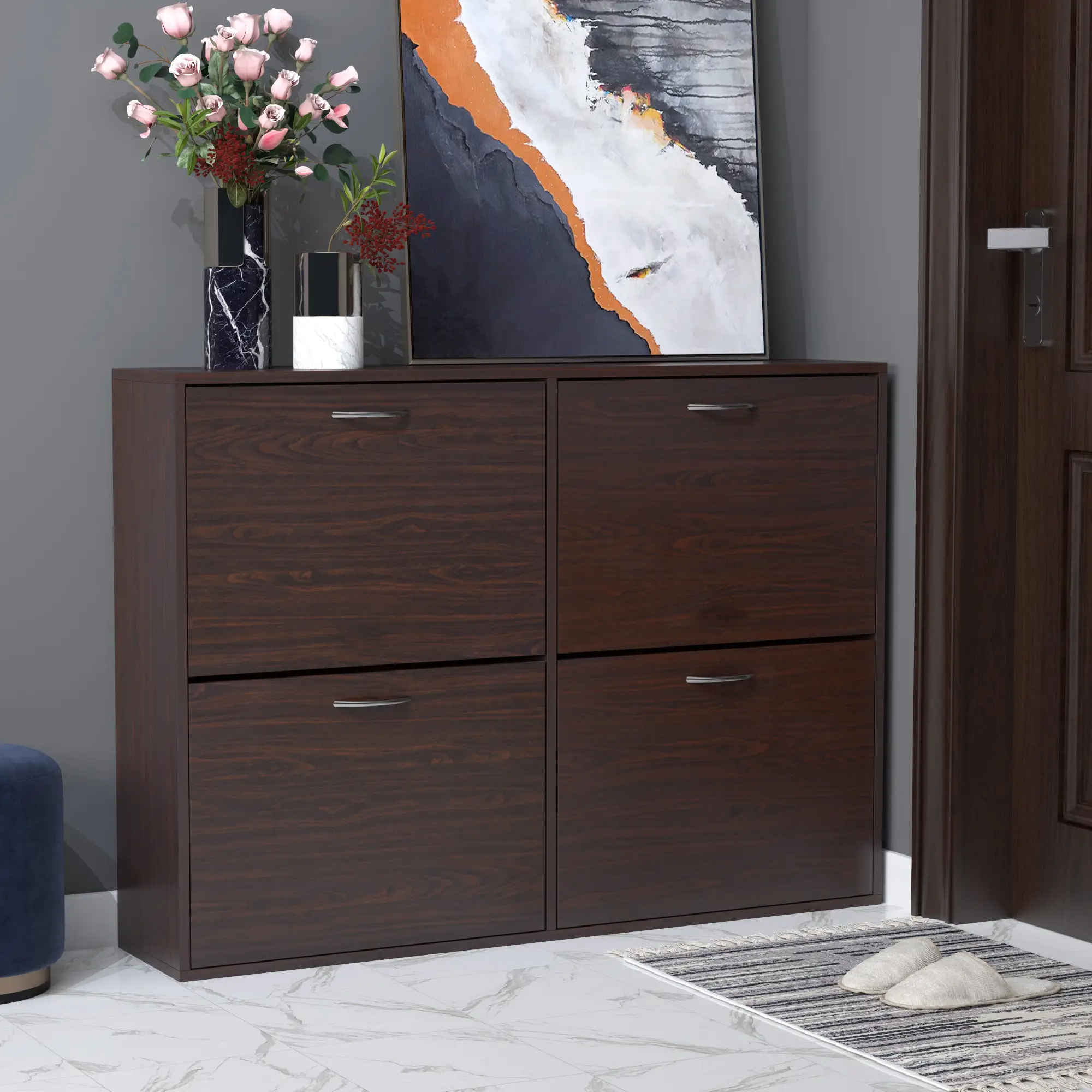 Flip Down Shoe Storage, Wooden Cabinet, 4 Drawer Organizer, Brown - Image 2