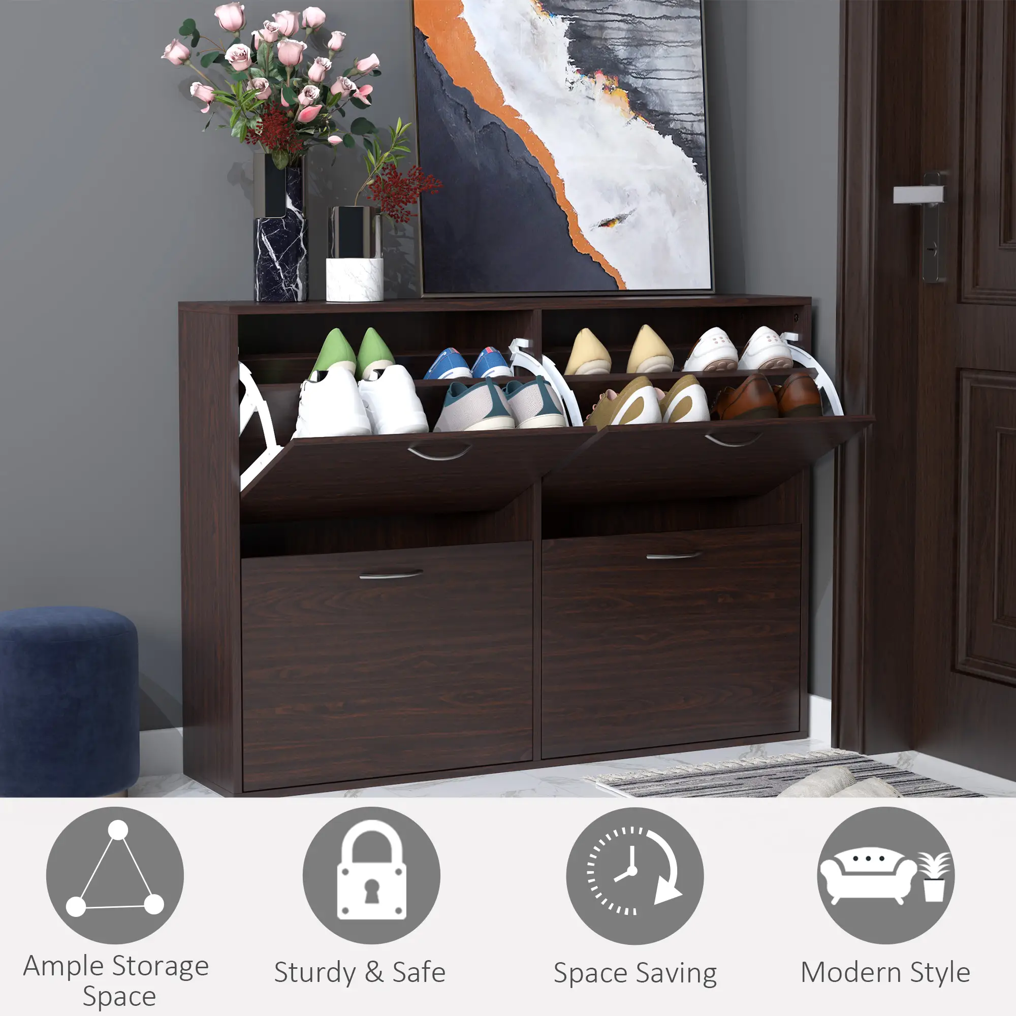Flip Down Shoe Storage, Wooden Cabinet, 4 Drawer Organizer, Brown - Image 7