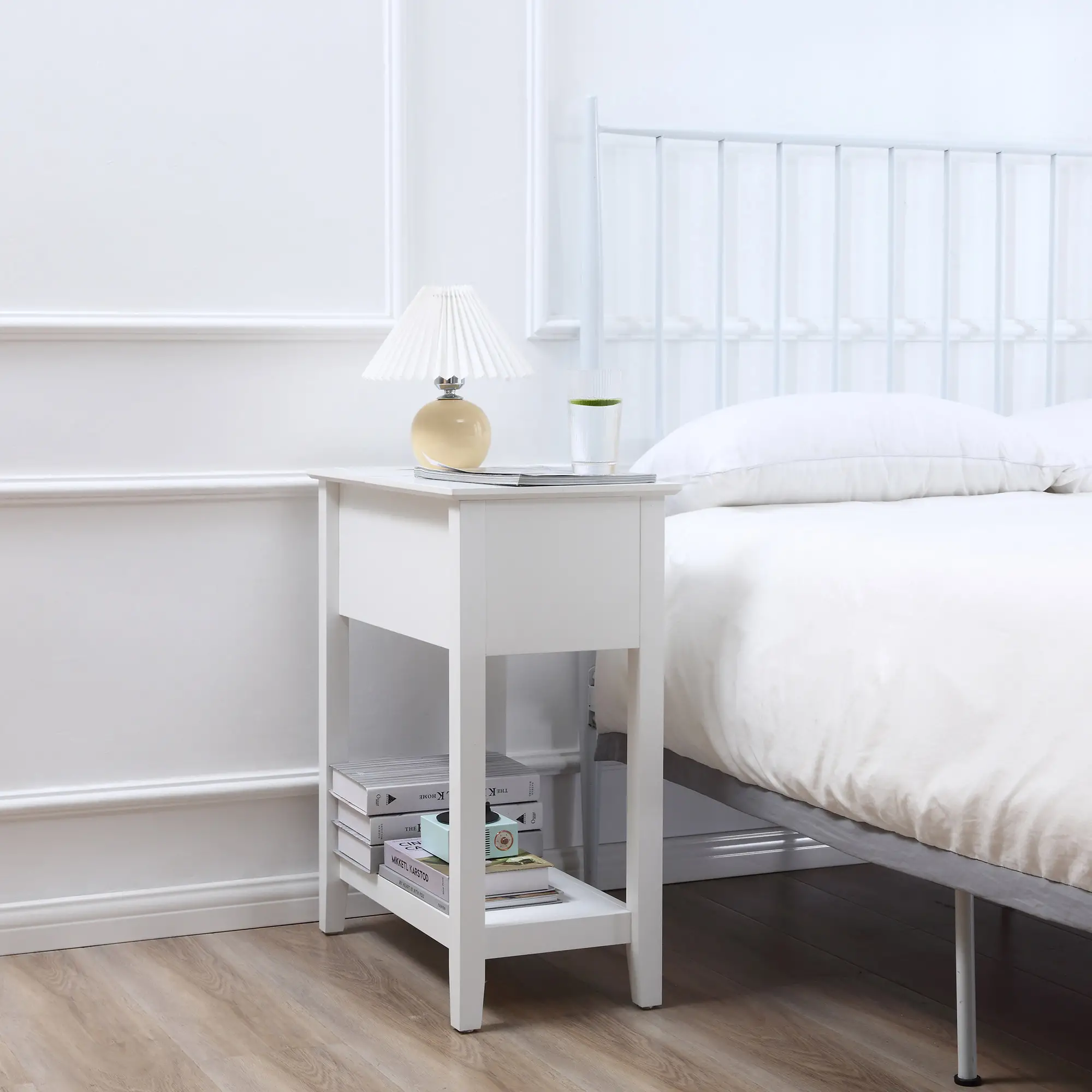 Flip Top End Table, Side Table with Storage, Narrow Nightstand, White - Image 9