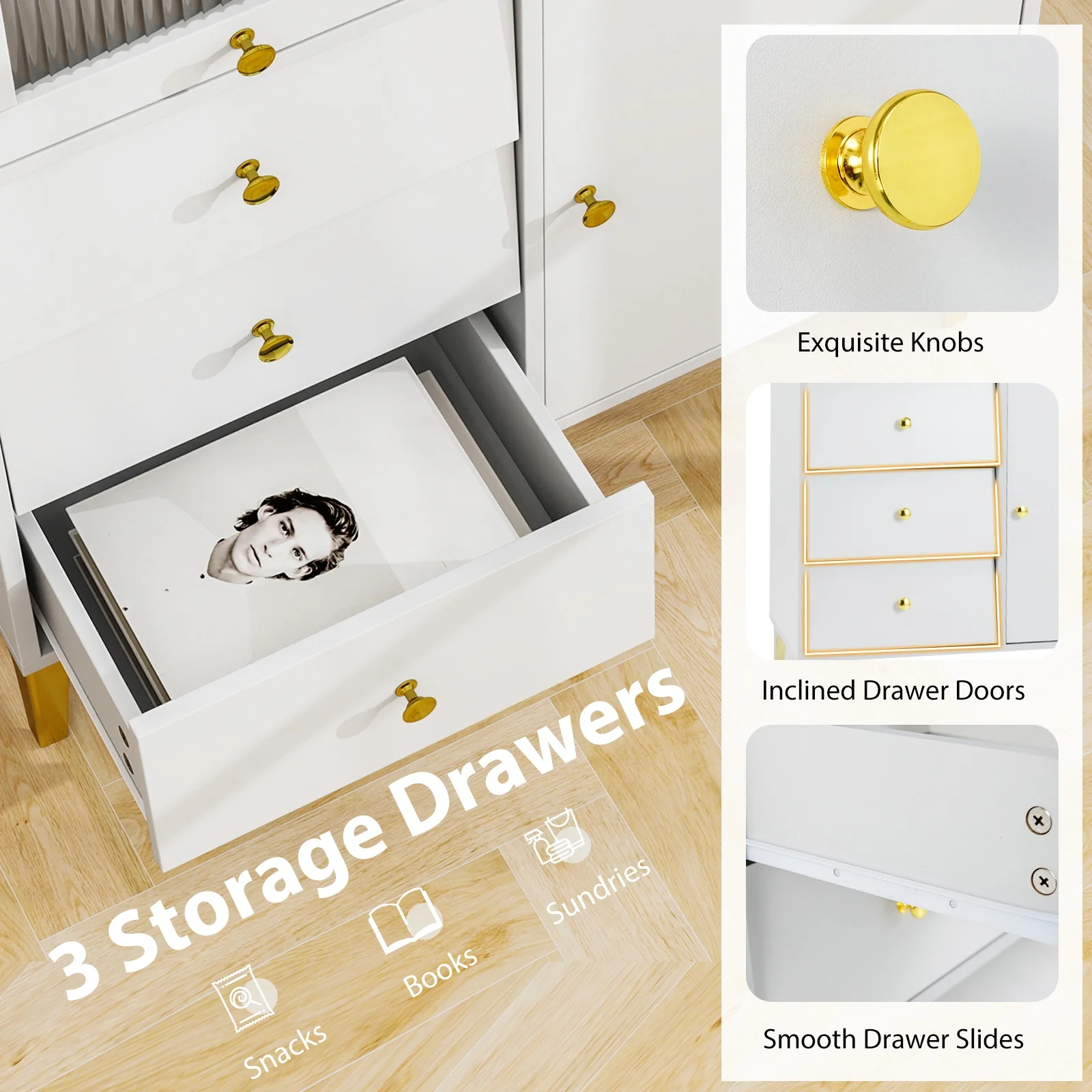 Flip Up Fluted Glass Door Chest of Drawers, Gray - Image 8