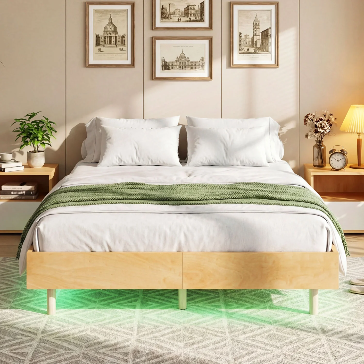 Floating Bed Frame With LED Lights, Full Size, Natural - Image 3