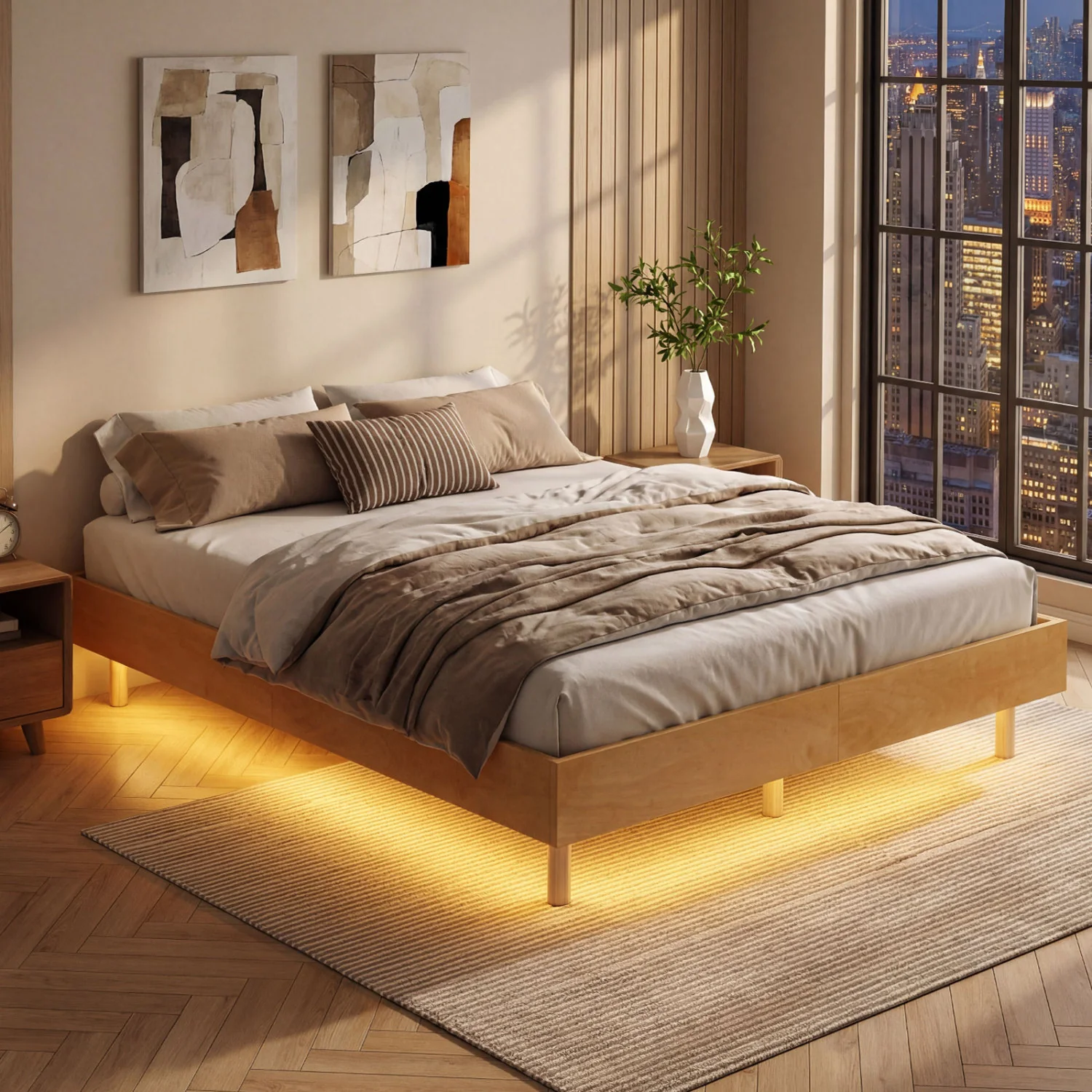 Floating Bed Frame With LED Lights, Full Size, Natural - Image 5