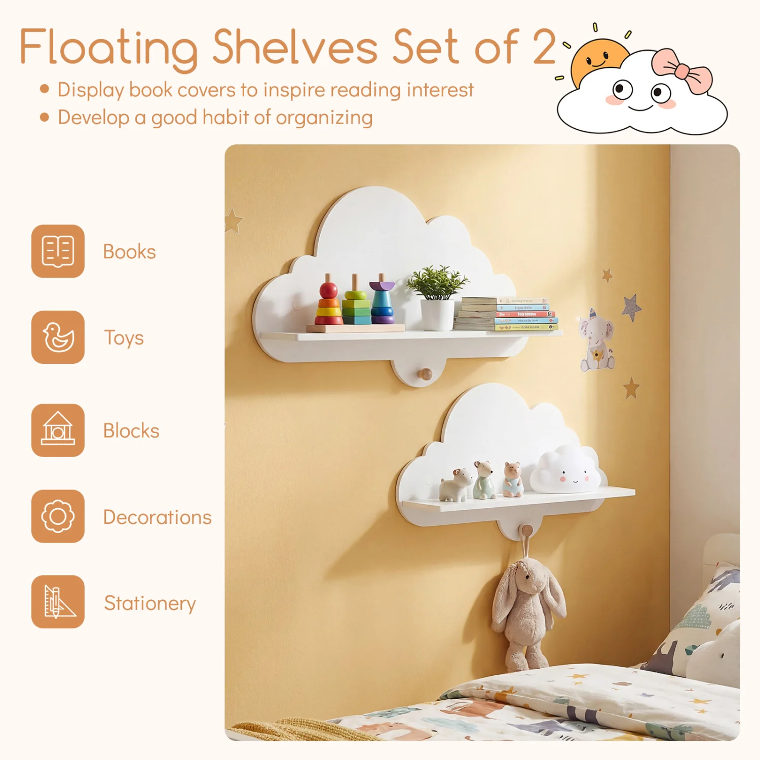 Floating Cloud Shelves, Wall Mounted Storage Display Rack, White - Image 8