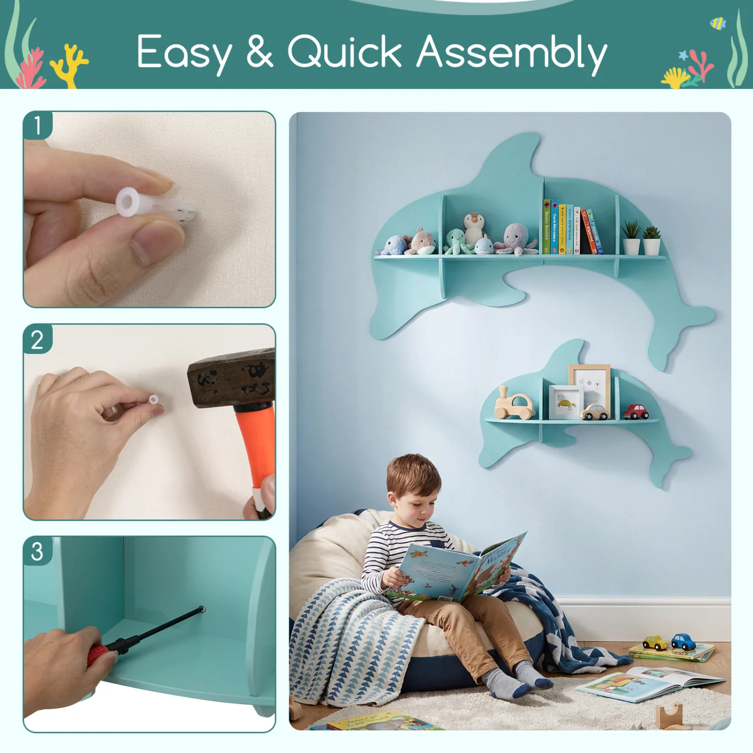 Floating Dolphin Shelves, Wall Mounted Display Rack, Blue - Image 10