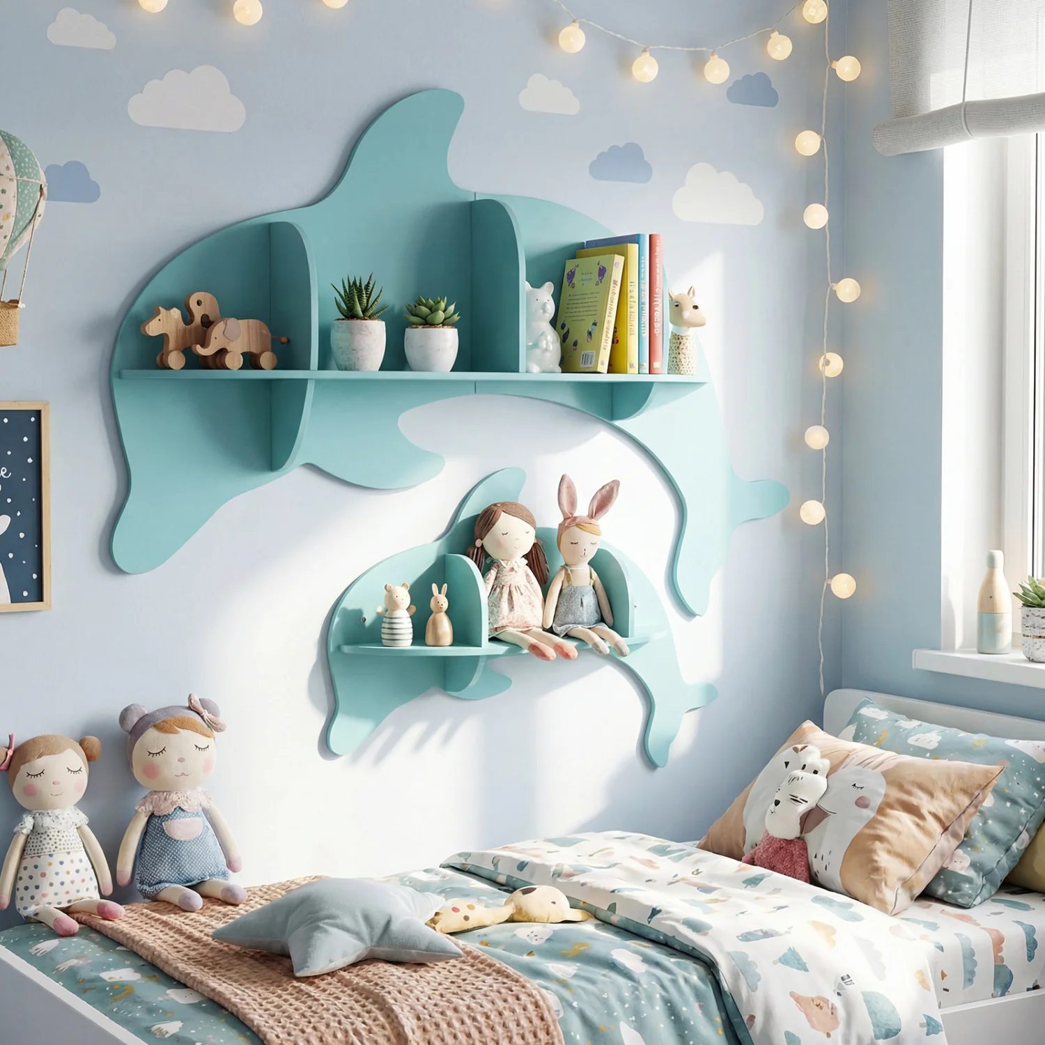 Floating Dolphin Shelves, Wall Mounted Display Rack, Blue - Image 2