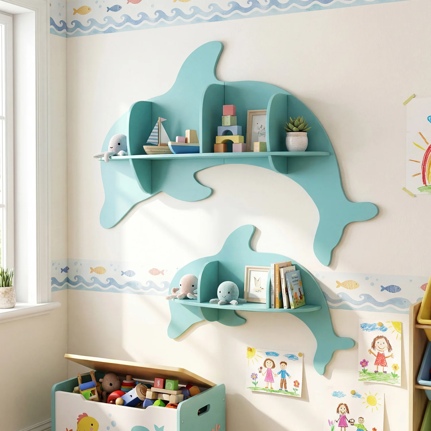 Floating Dolphin Shelves, Wall Mounted Display Rack, Blue - Image 3