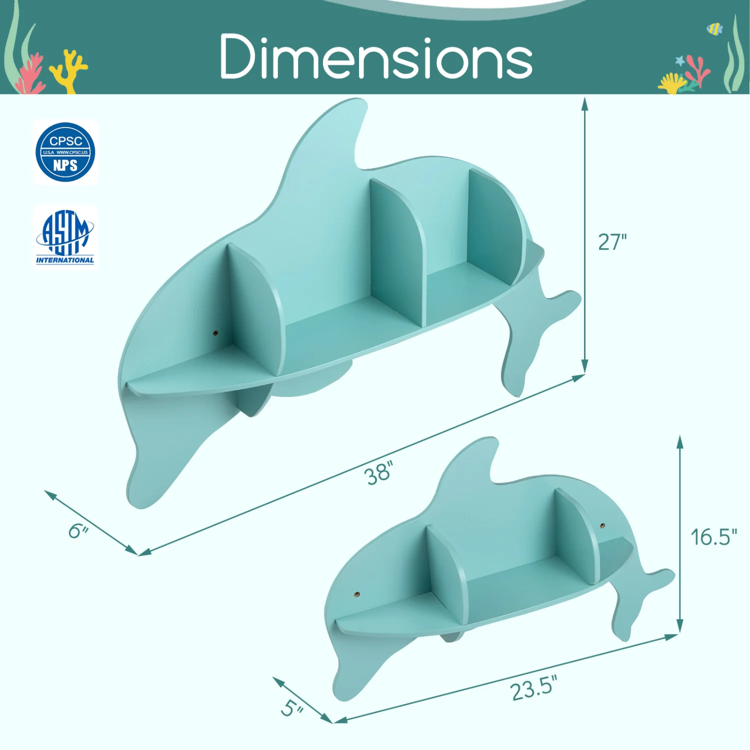 Floating Dolphin Shelves, Wall Mounted Display Rack, Blue - Image 5
