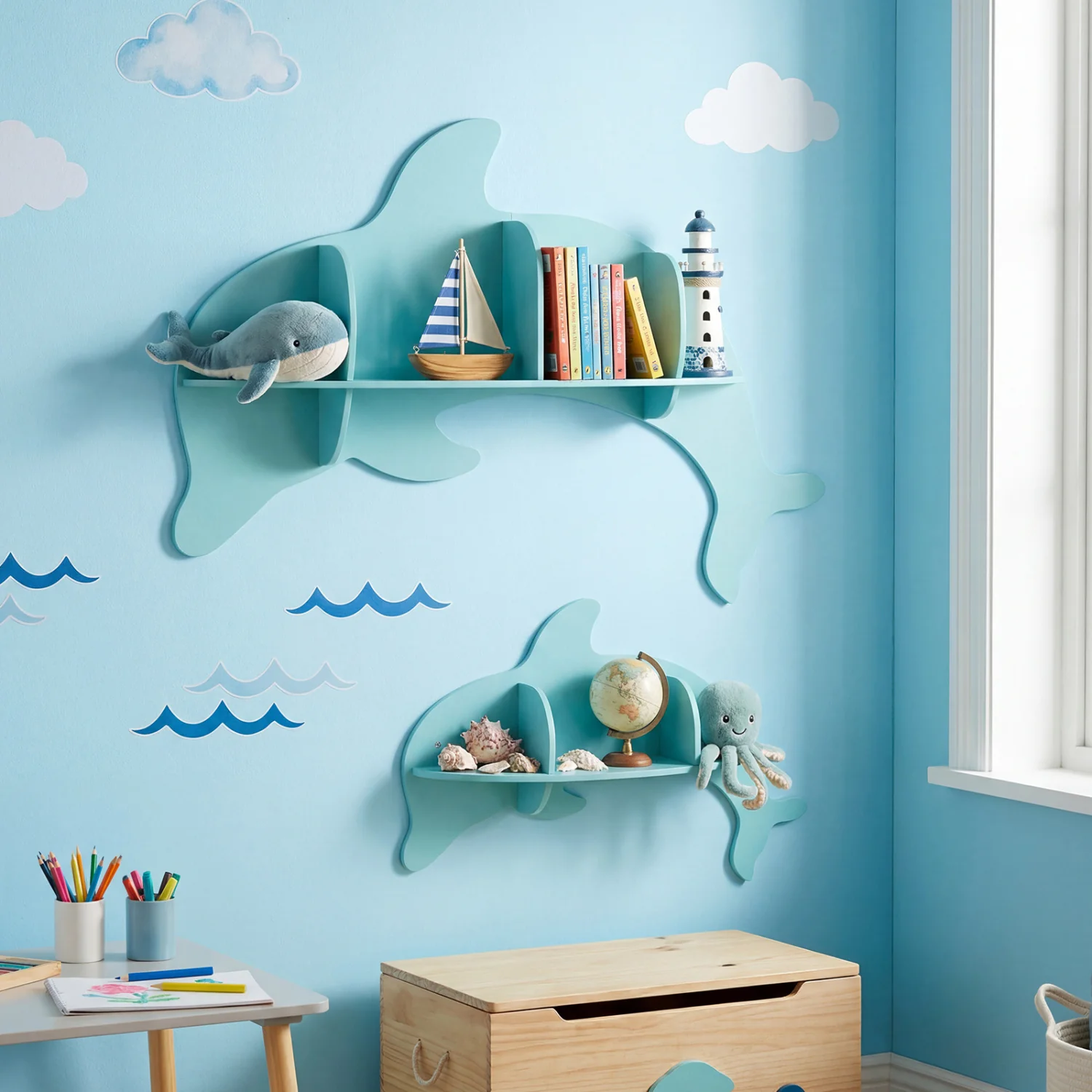 Floating Dolphin Shelves, Wall Mounted Display Rack, Blue - Image 6