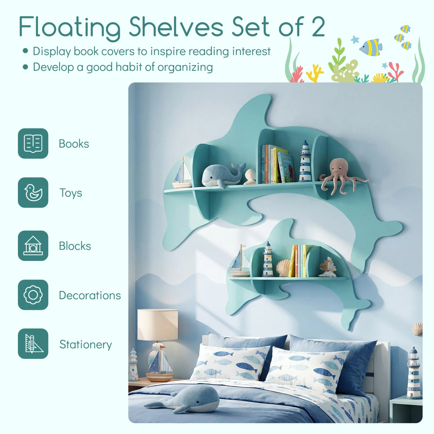 Floating Dolphin Shelves, Wall Mounted Display Rack, Blue - Image 7