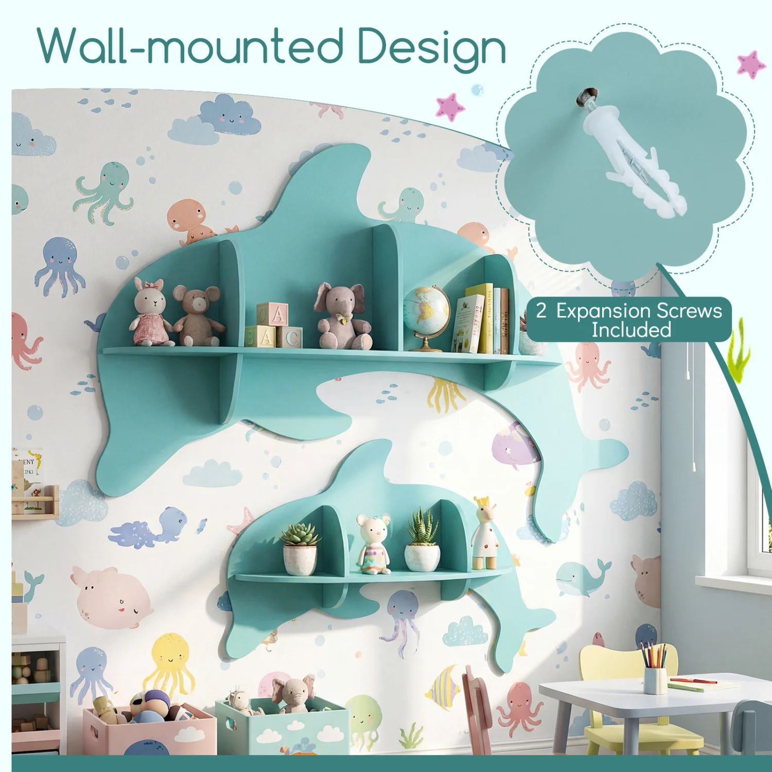 Floating Dolphin Shelves, Wall Mounted Display Rack, Blue - Image 8