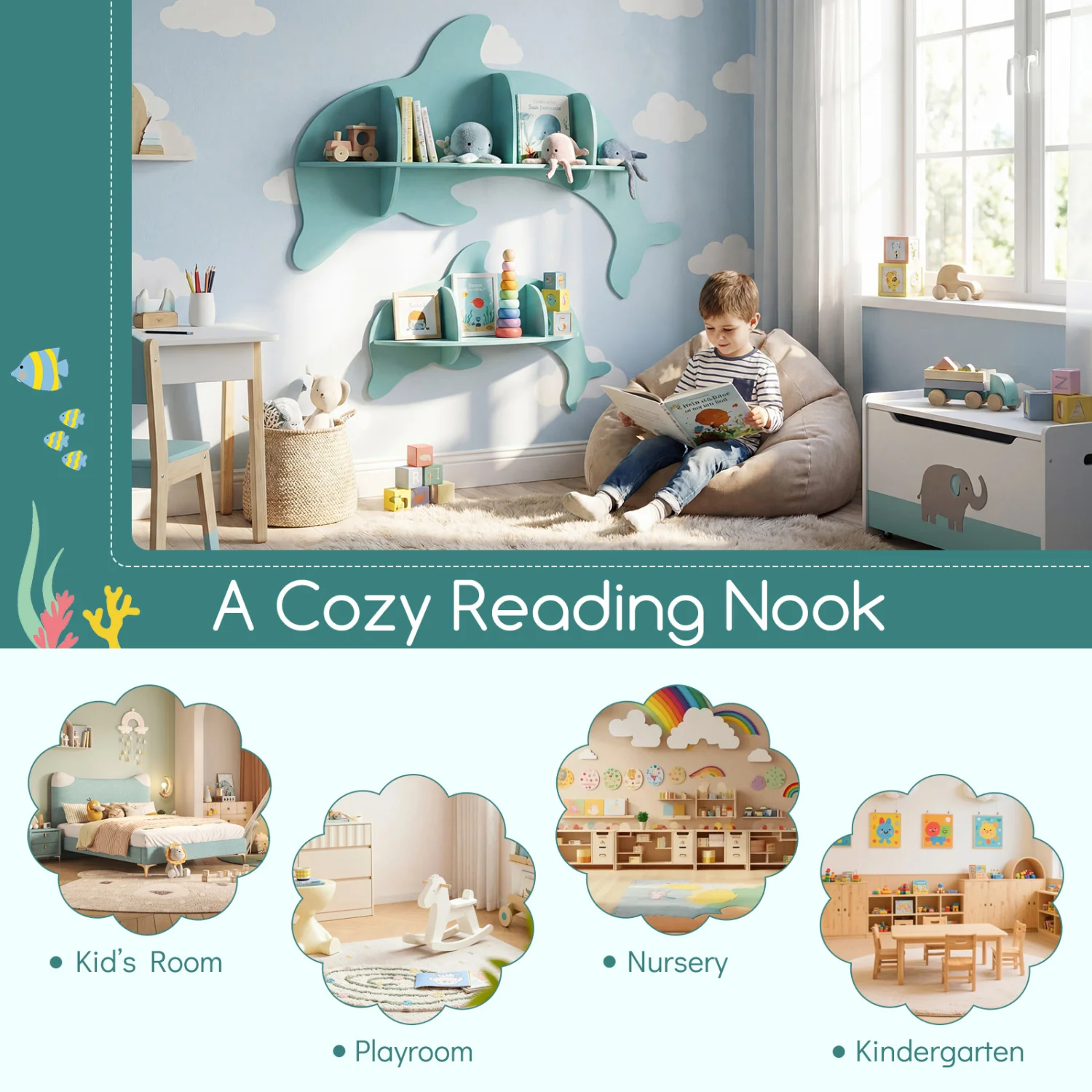 Floating Dolphin Shelves, Wall Mounted Display Rack, Blue - Image 9
