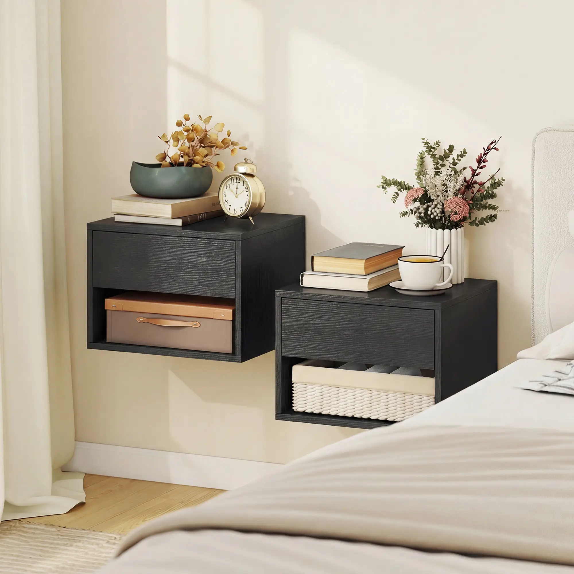 Floating Nightstand Set of 2, Wall Mounted Bedside Table with Drawer, Black - Image 2