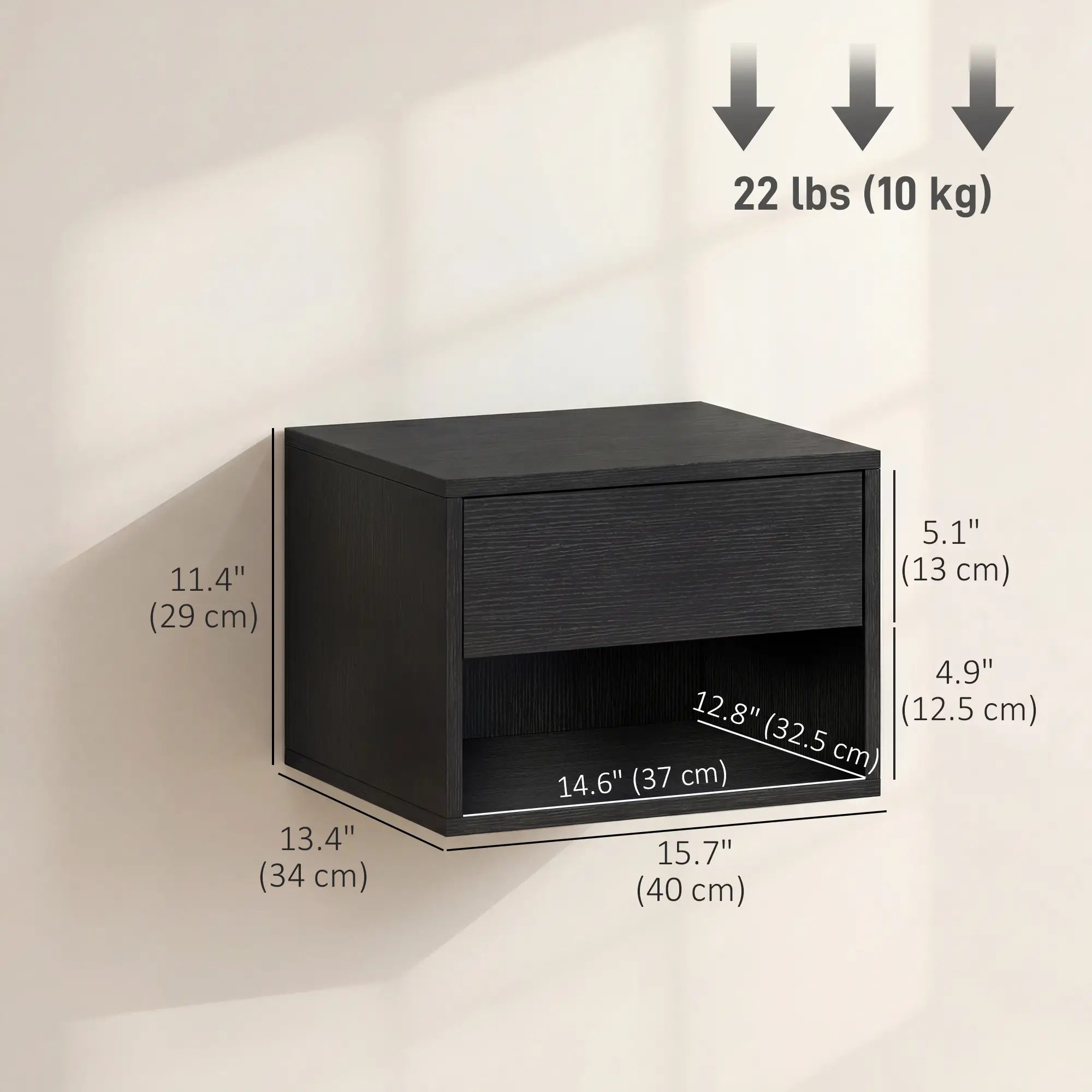 Floating Nightstand Set of 2, Wall Mounted Bedside Table with Drawer, Black - Image 3