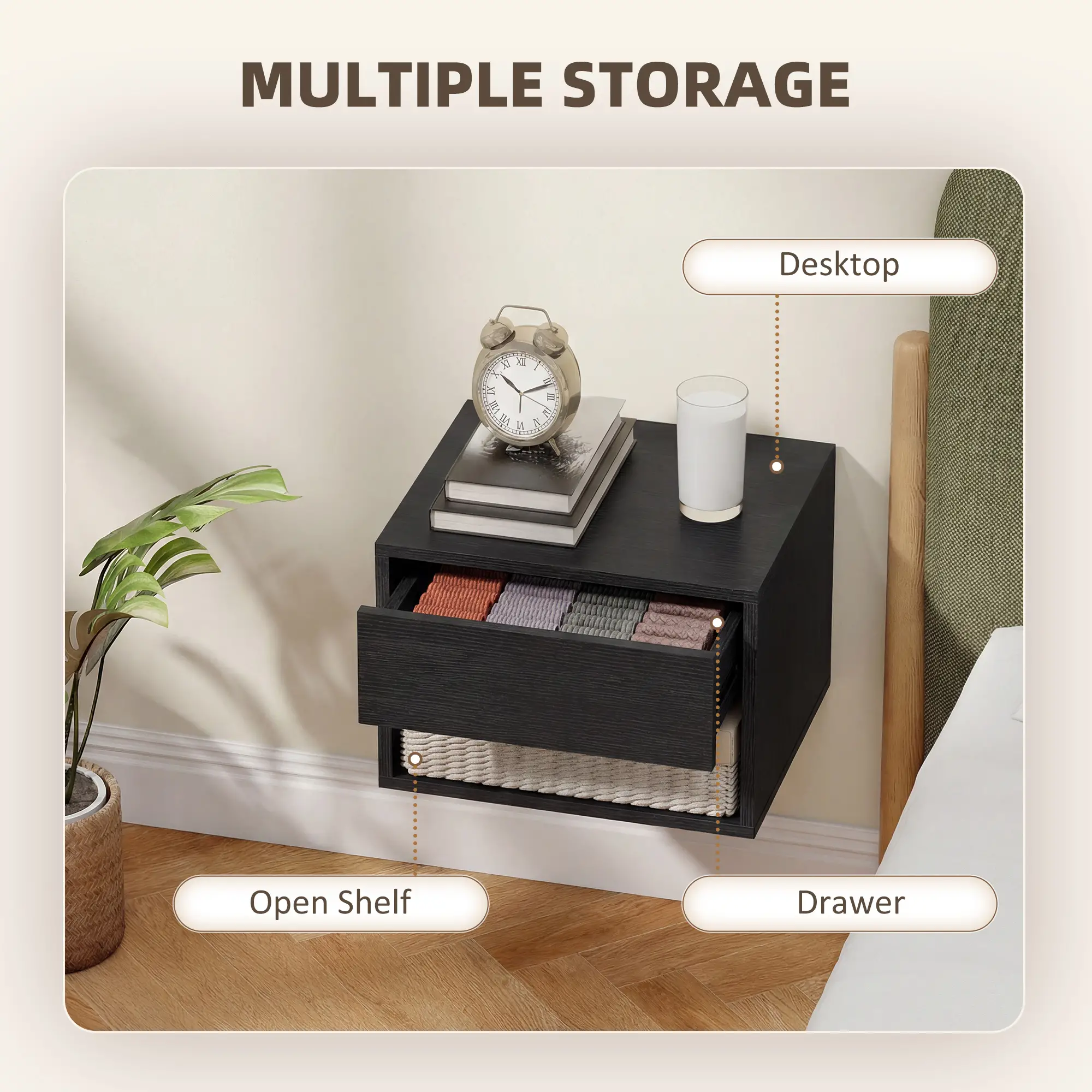 Floating Nightstand Set of 2, Wall Mounted Bedside Table with Drawer, Black - Image 7