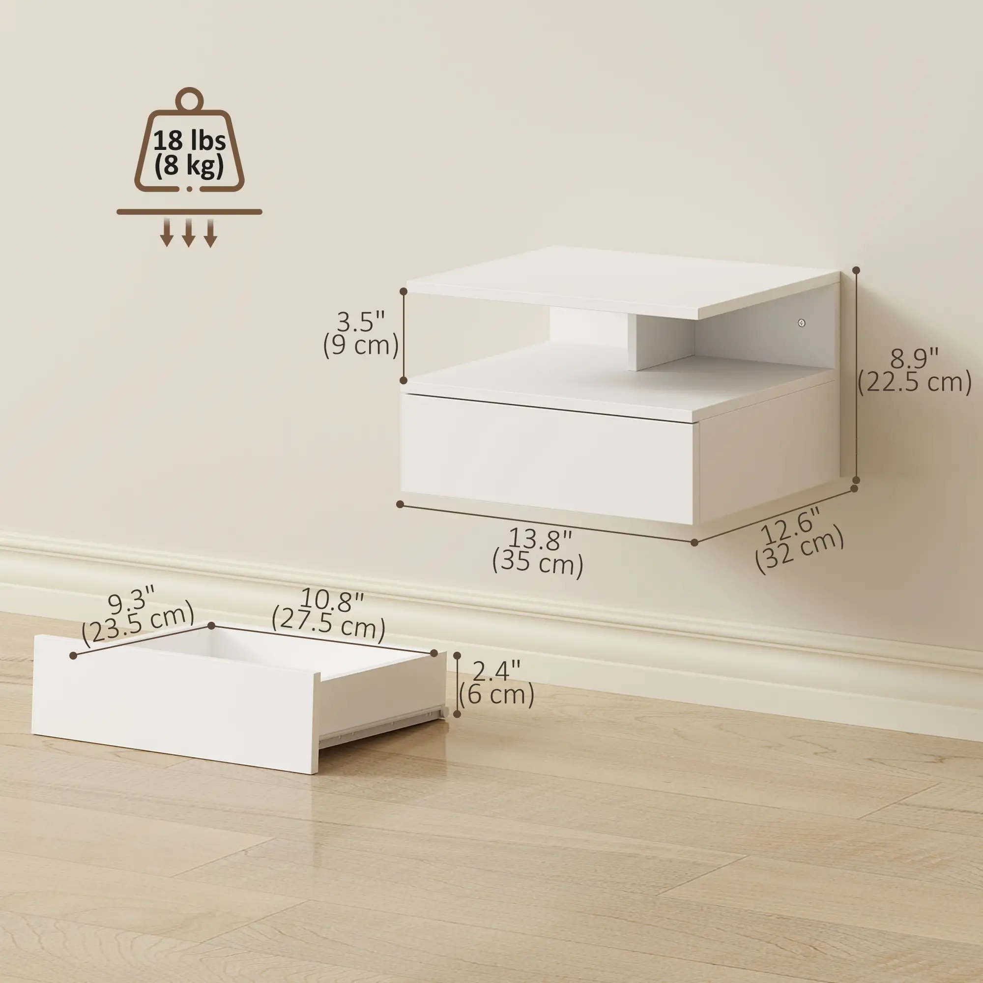 Floating Nightstand Set of 2, Wall Mounted with Drawer, White - Image 3