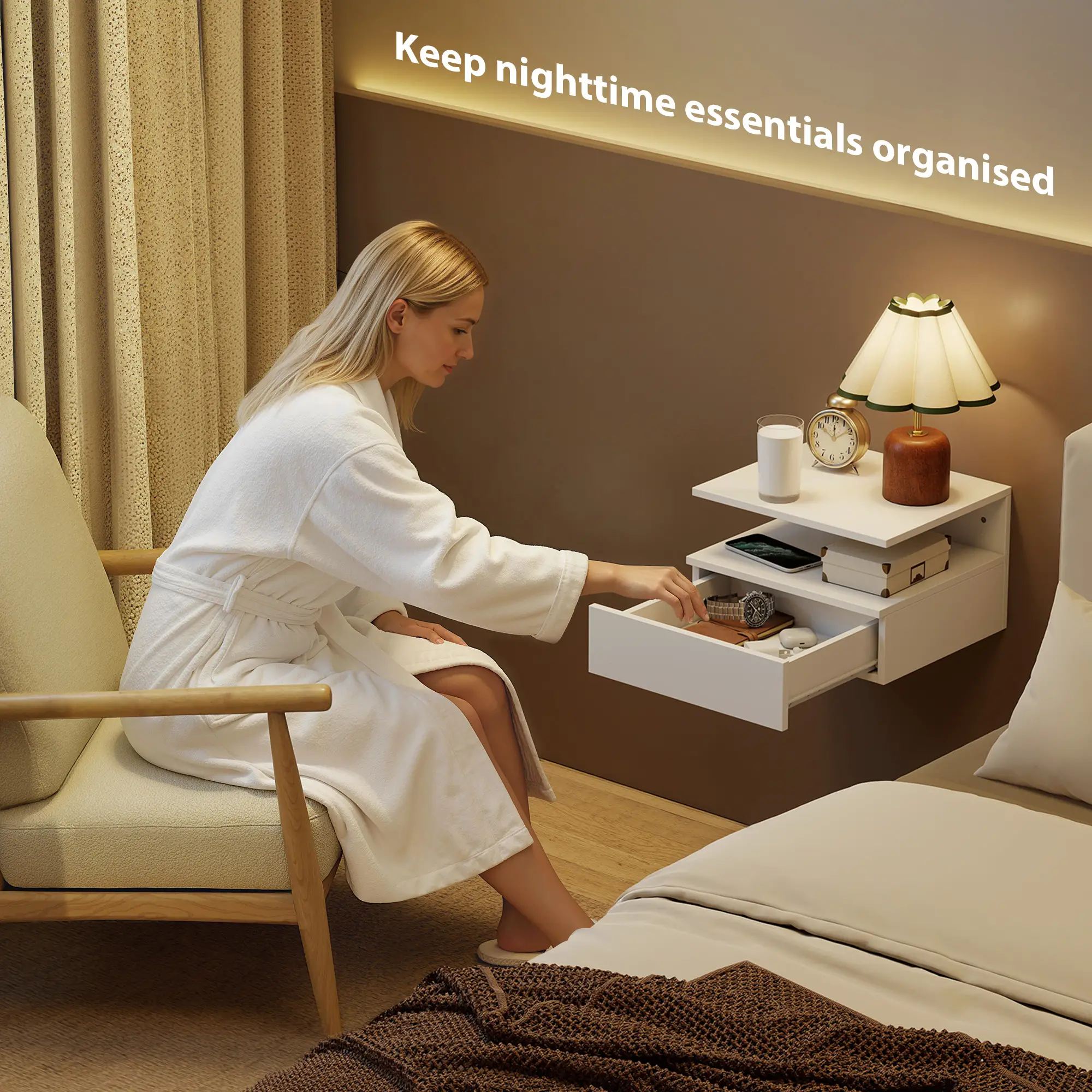 Floating Nightstand Set of 2, Wall Mounted with Drawer, White - Image 4