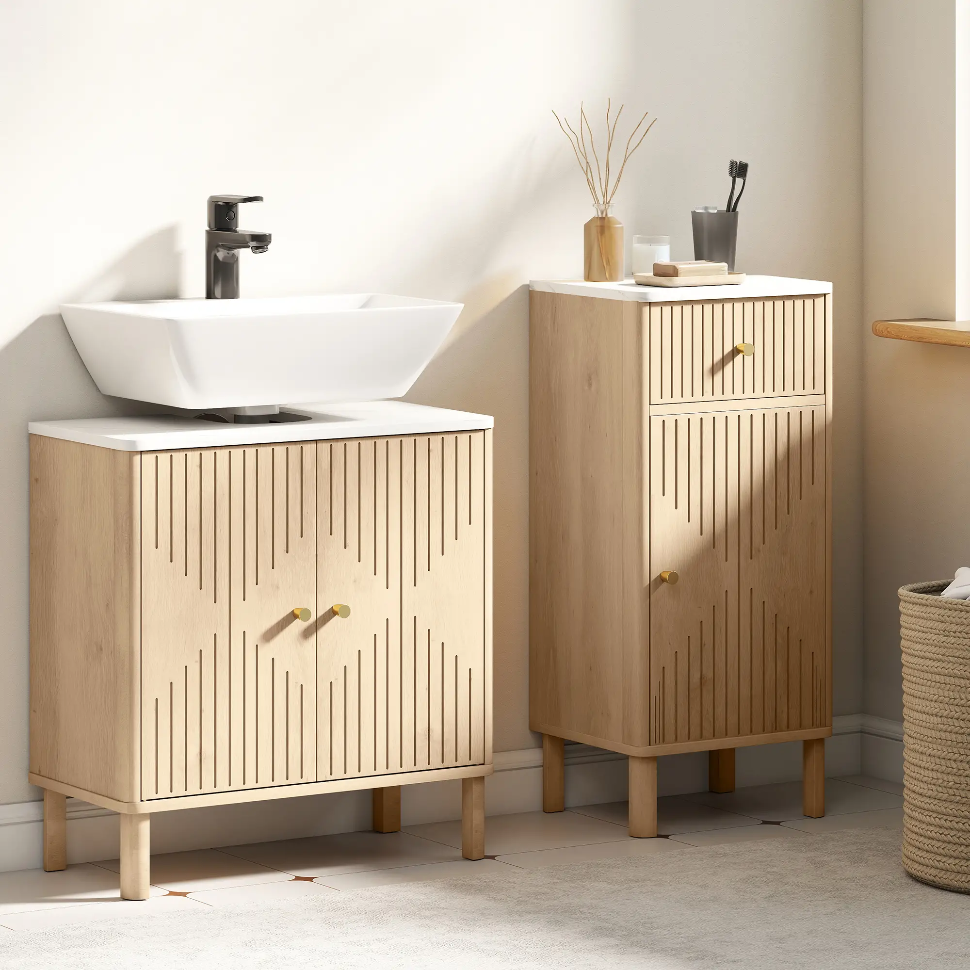 Floor Standing Bathroom Vanity, Bathroom Vanity Cabinet with Adjustable Shelf, Oak - Image 10