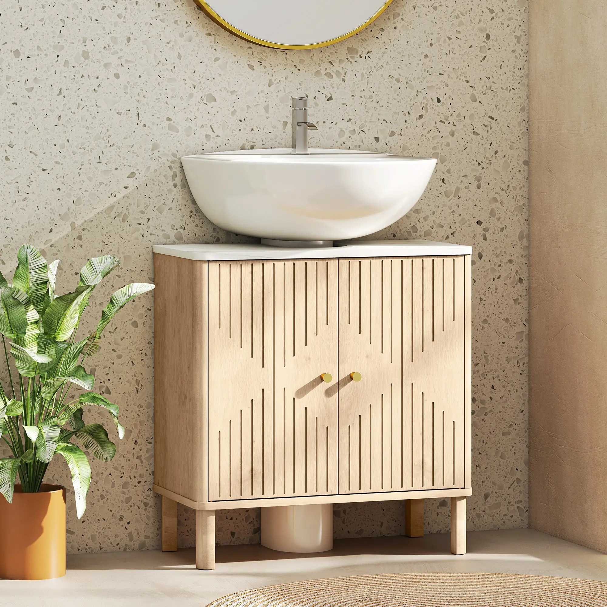 Floor Standing Bathroom Vanity, Bathroom Vanity Cabinet with Adjustable Shelf, Oak - Image 2