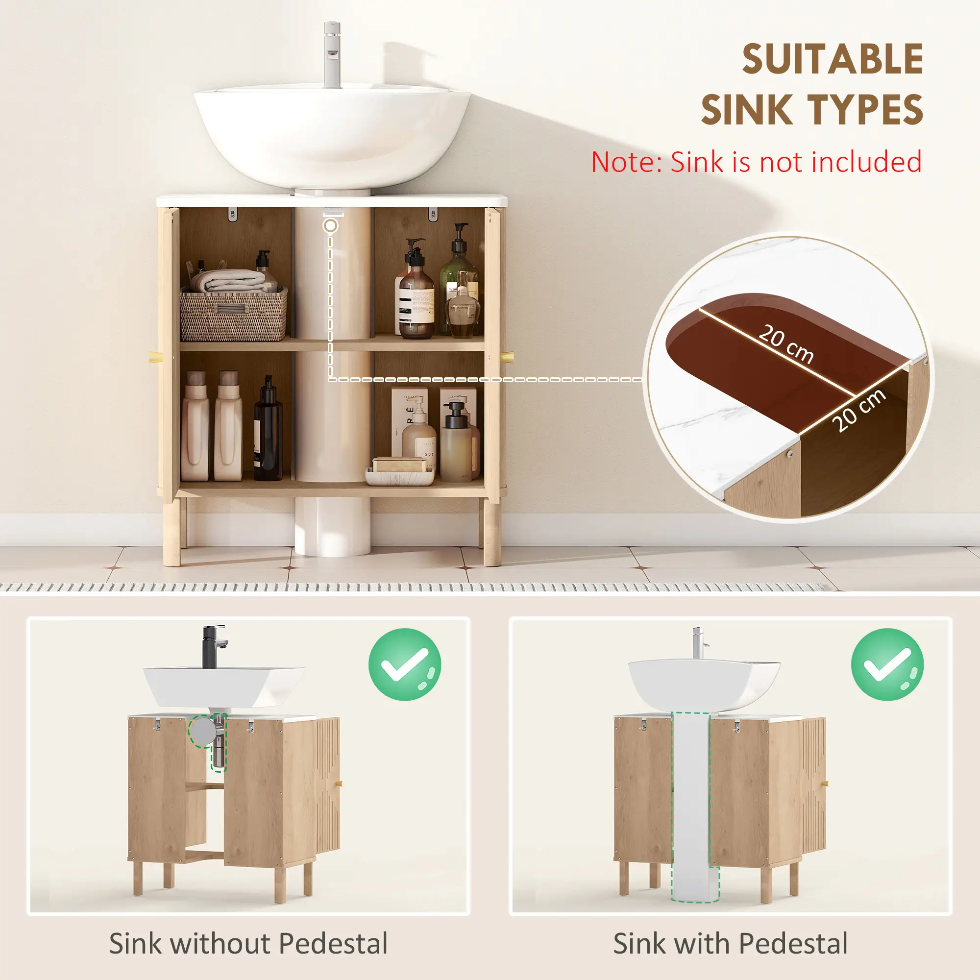 Floor Standing Bathroom Vanity, Bathroom Vanity Cabinet with Adjustable Shelf, Oak - Image 4