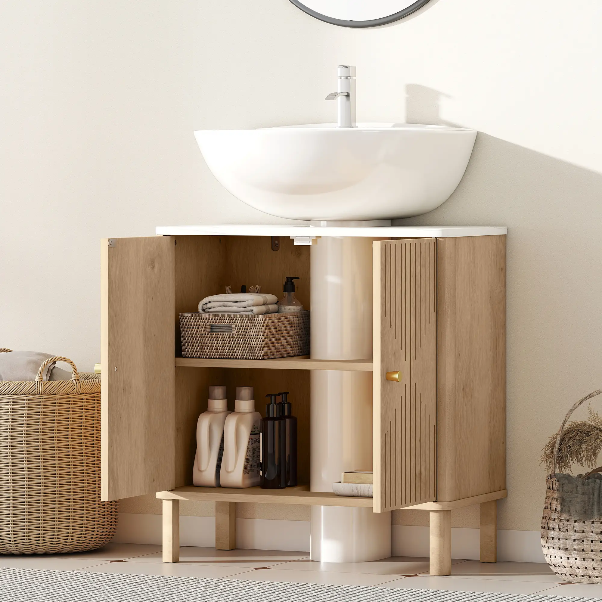 Floor Standing Bathroom Vanity, Bathroom Vanity Cabinet with Adjustable Shelf, Oak - Image 7