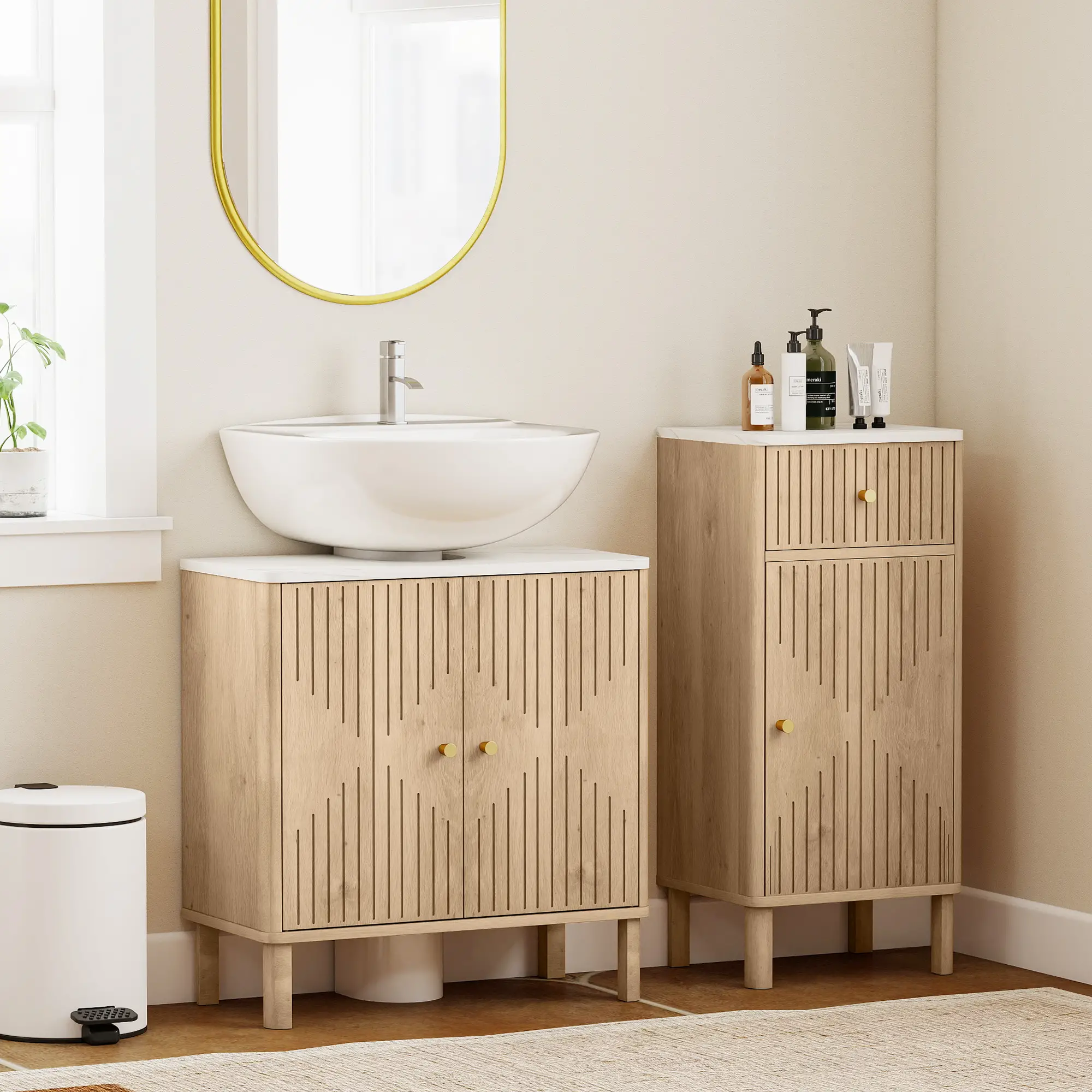 Floor Standing Bathroom Vanity, Bathroom Vanity Cabinet with Adjustable Shelf, Oak - Image 8