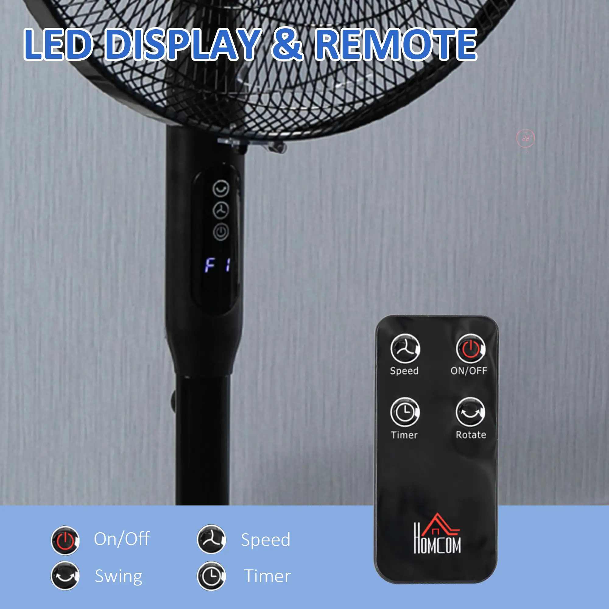 Floor Standing Fan with Remote, Oscillating, LED Screen, Black - Image 9