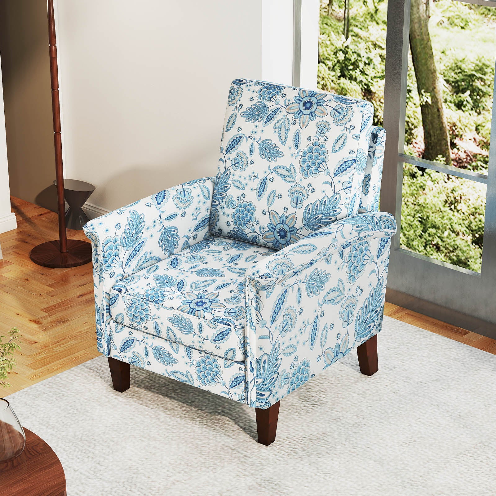 Floral Accent Chair, Farmhouse Boho Armchair, Solid Wood Legs, High Back, Blue - Image 3