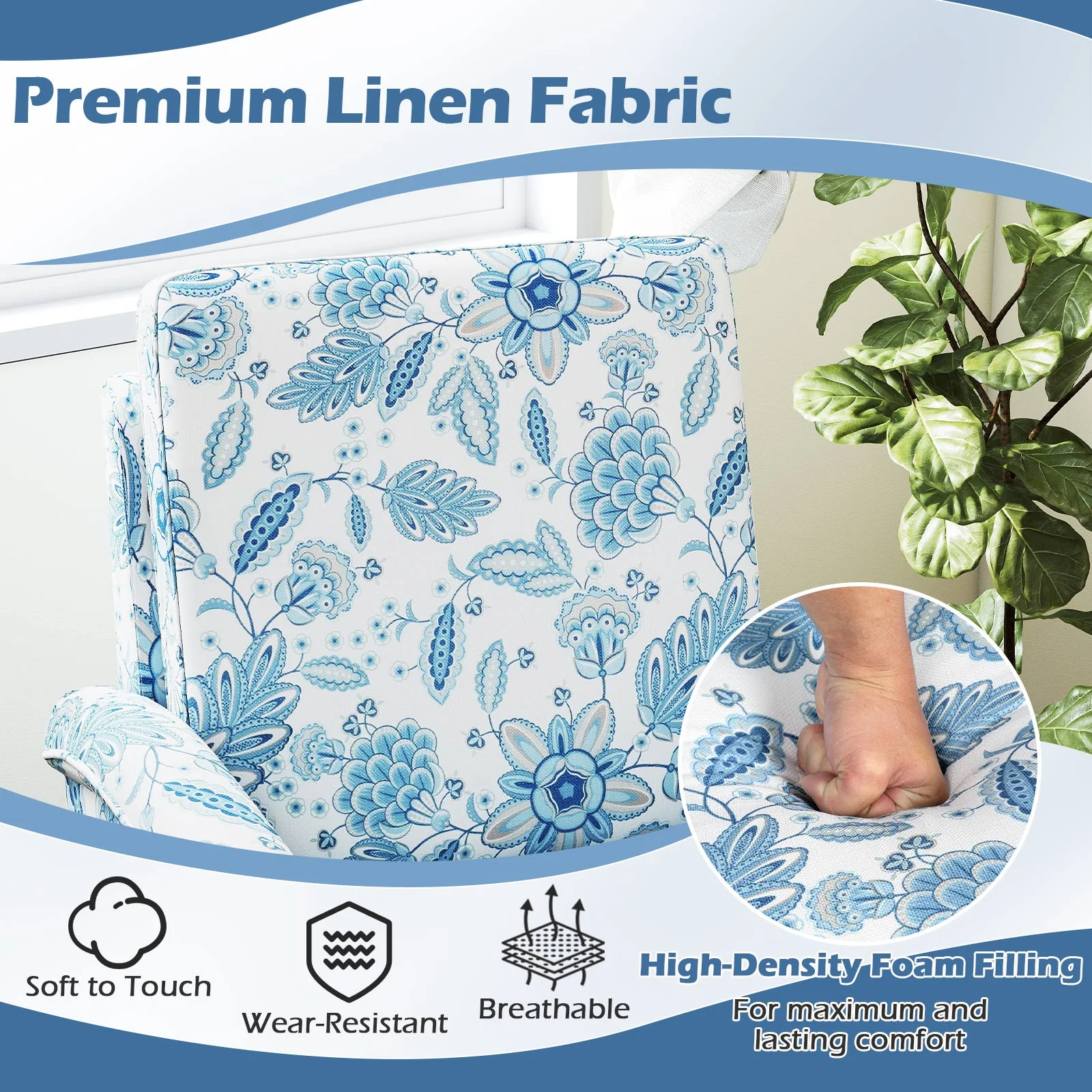 Floral Accent Chair, Farmhouse Boho Armchair, Solid Wood Legs, High Back, Blue - Image 9