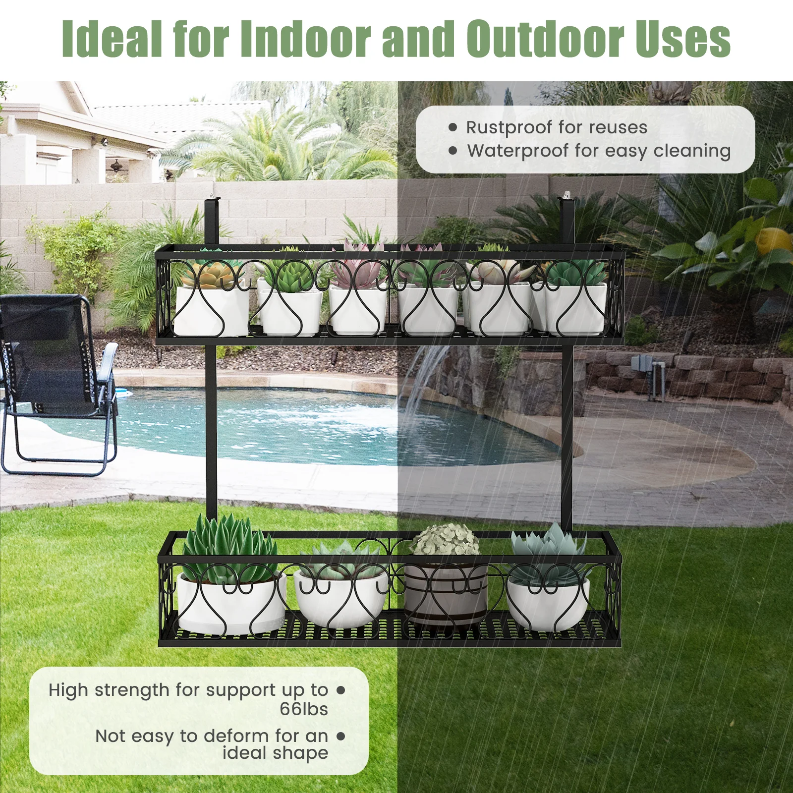 Flower Pot Holder, Adjustable Hooks, 2 Planter Baskets, Black - Image 7
