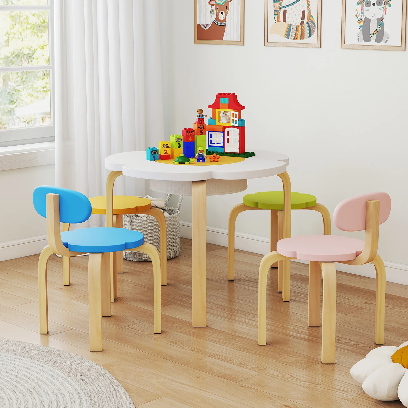 Flower-shaped Children Table Set Wooden Play and Activity Table with 2 Colorful Chairs and Stools, Multicolor - Image 2