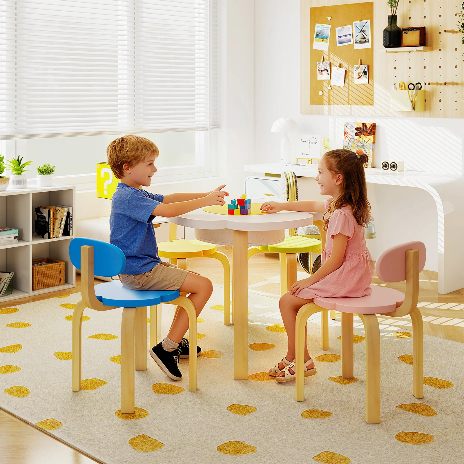 Flower-shaped Children Table Set Wooden Play and Activity Table with 2 Colorful Chairs and Stools, Multicolor - Image 3