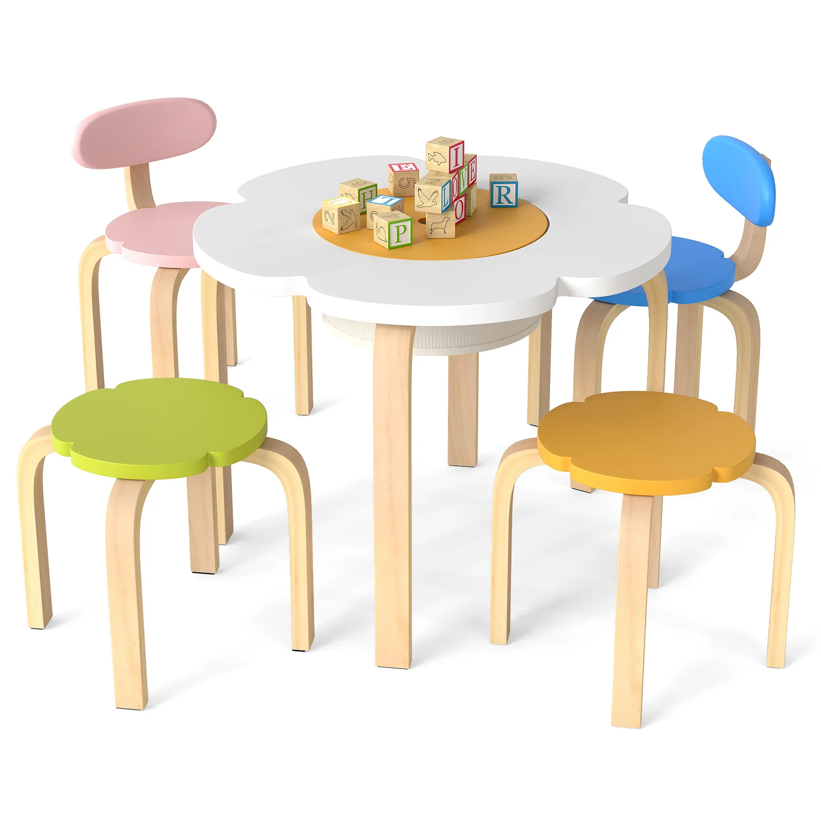 Flower-shaped Children Table Set Wooden Play and Activity Table with 2 Colorful Chairs and Stools, Multicolor - Image 4