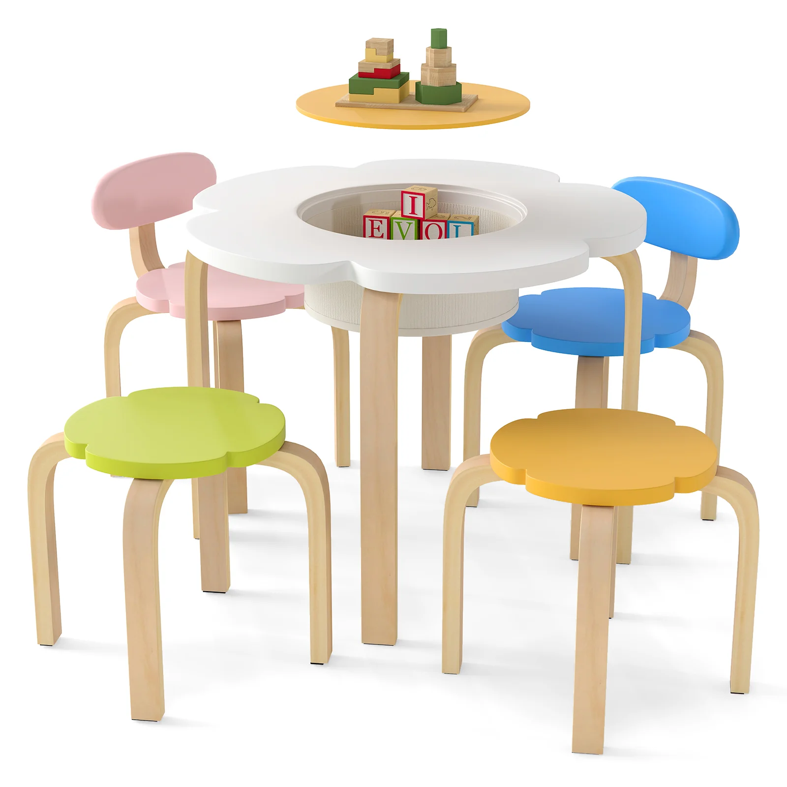 Flower-shaped Children Table Set Wooden Play and Activity Table with 2 Colorful Chairs and Stools, Multicolor - Image 5