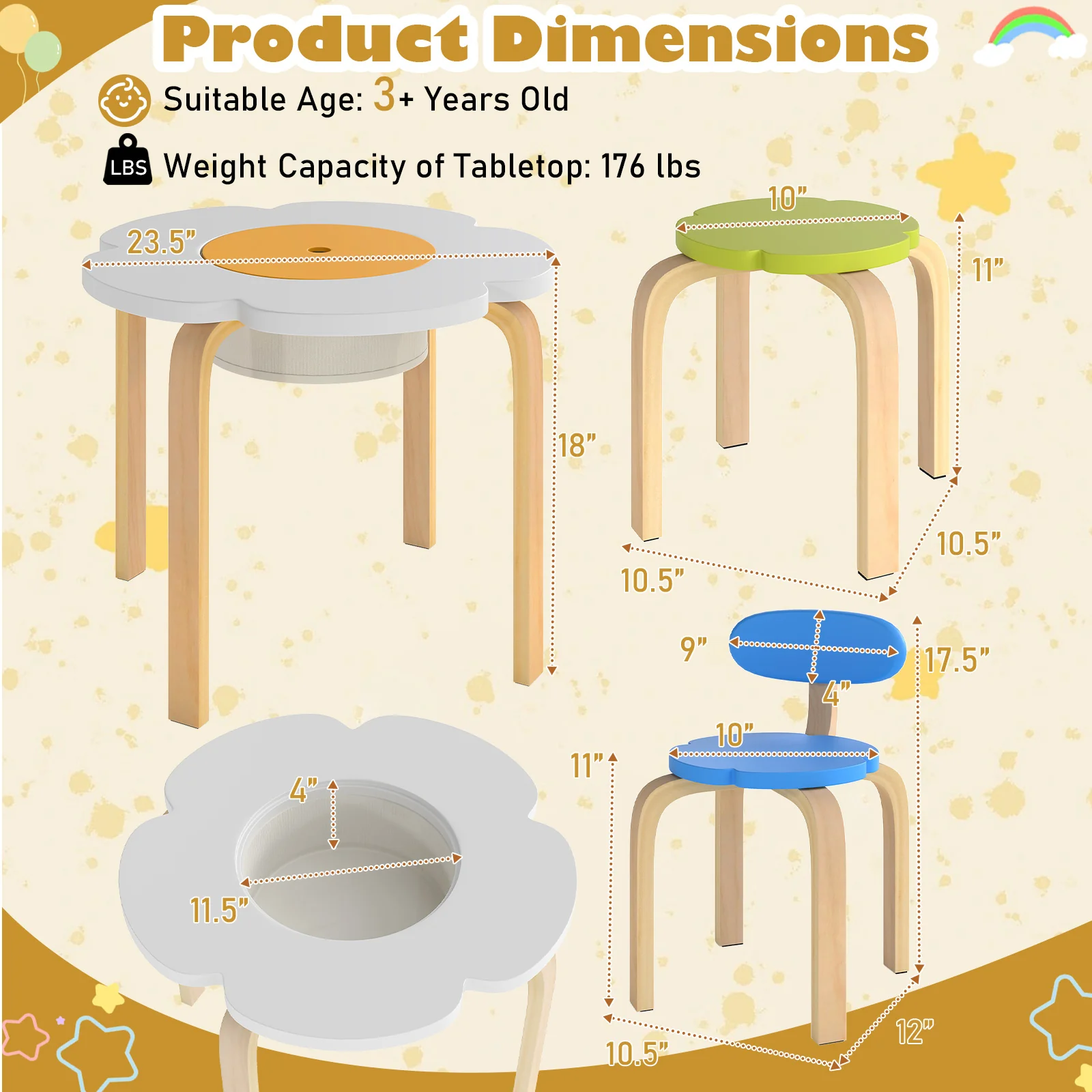 Flower-shaped Children Table Set Wooden Play and Activity Table with 2 Colorful Chairs and Stools, Multicolor - Image 6