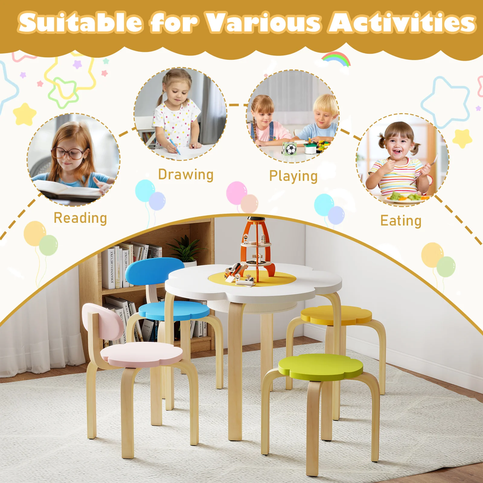 Flower-shaped Children Table Set Wooden Play and Activity Table with 2 Colorful Chairs and Stools, Multicolor - Image 7