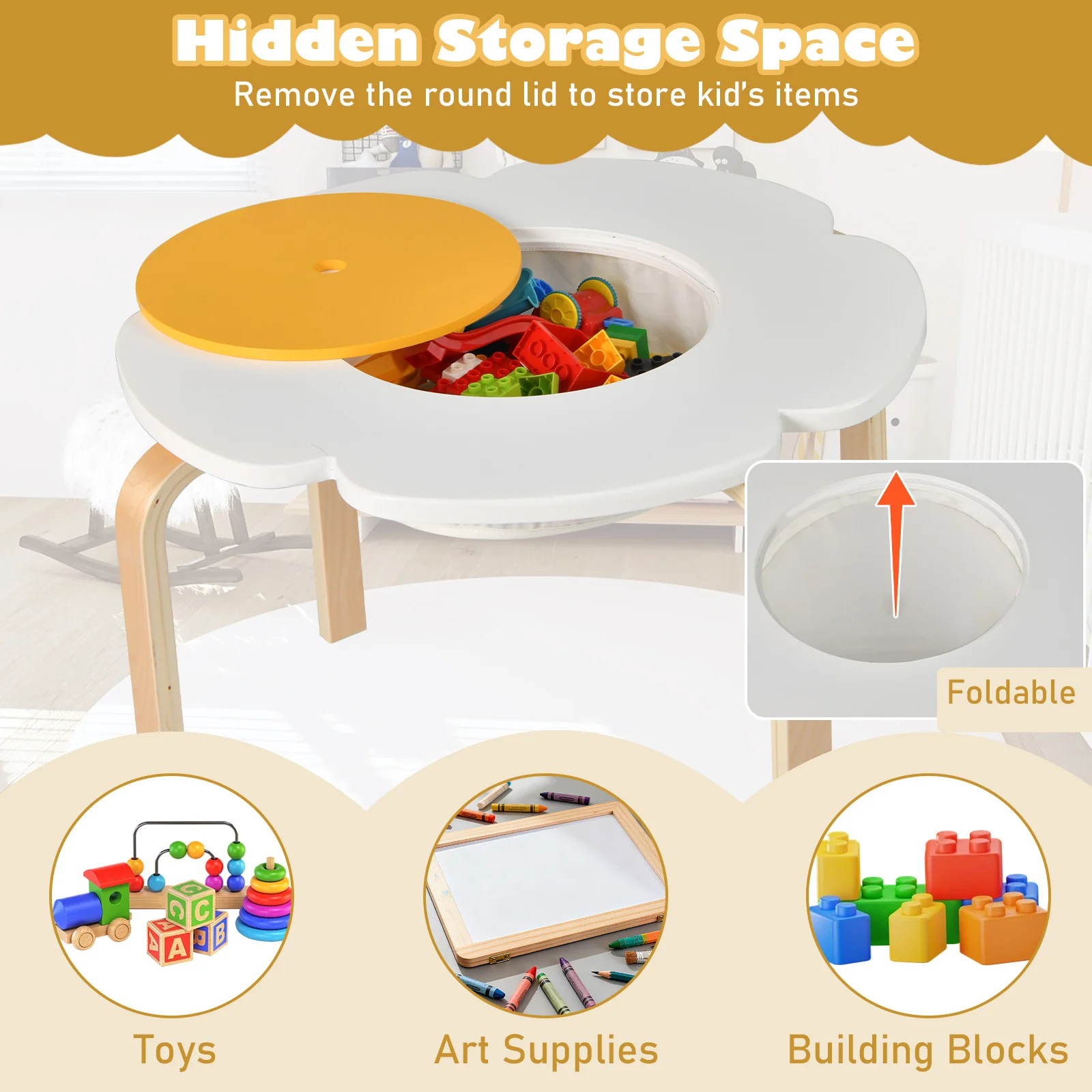 Flower-shaped Children Table Set Wooden Play and Activity Table with 2 Colorful Chairs and Stools, Multicolor - Image 8