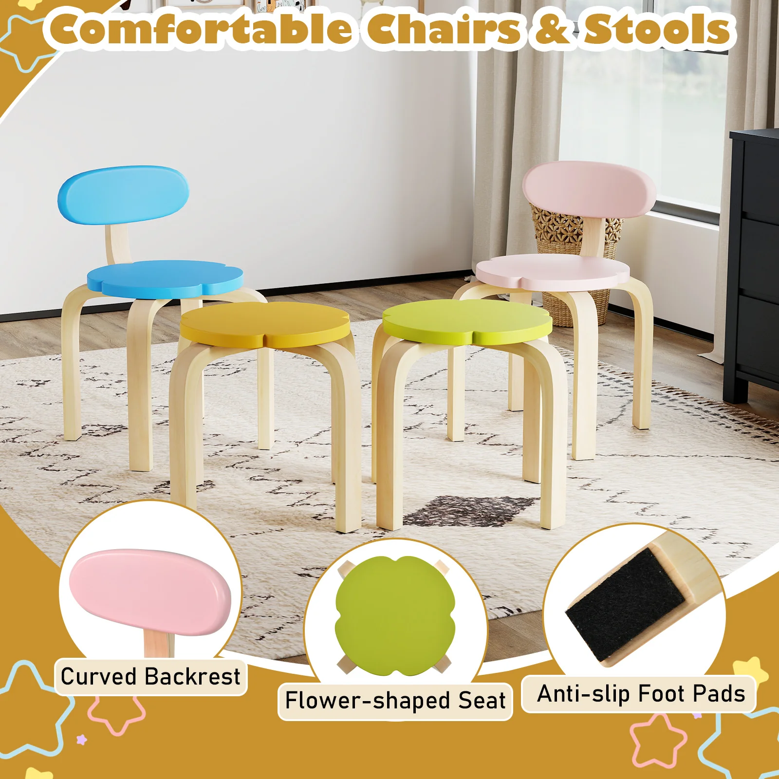 Flower-shaped Children Table Set Wooden Play and Activity Table with 2 Colorful Chairs and Stools, Multicolor - Image 9