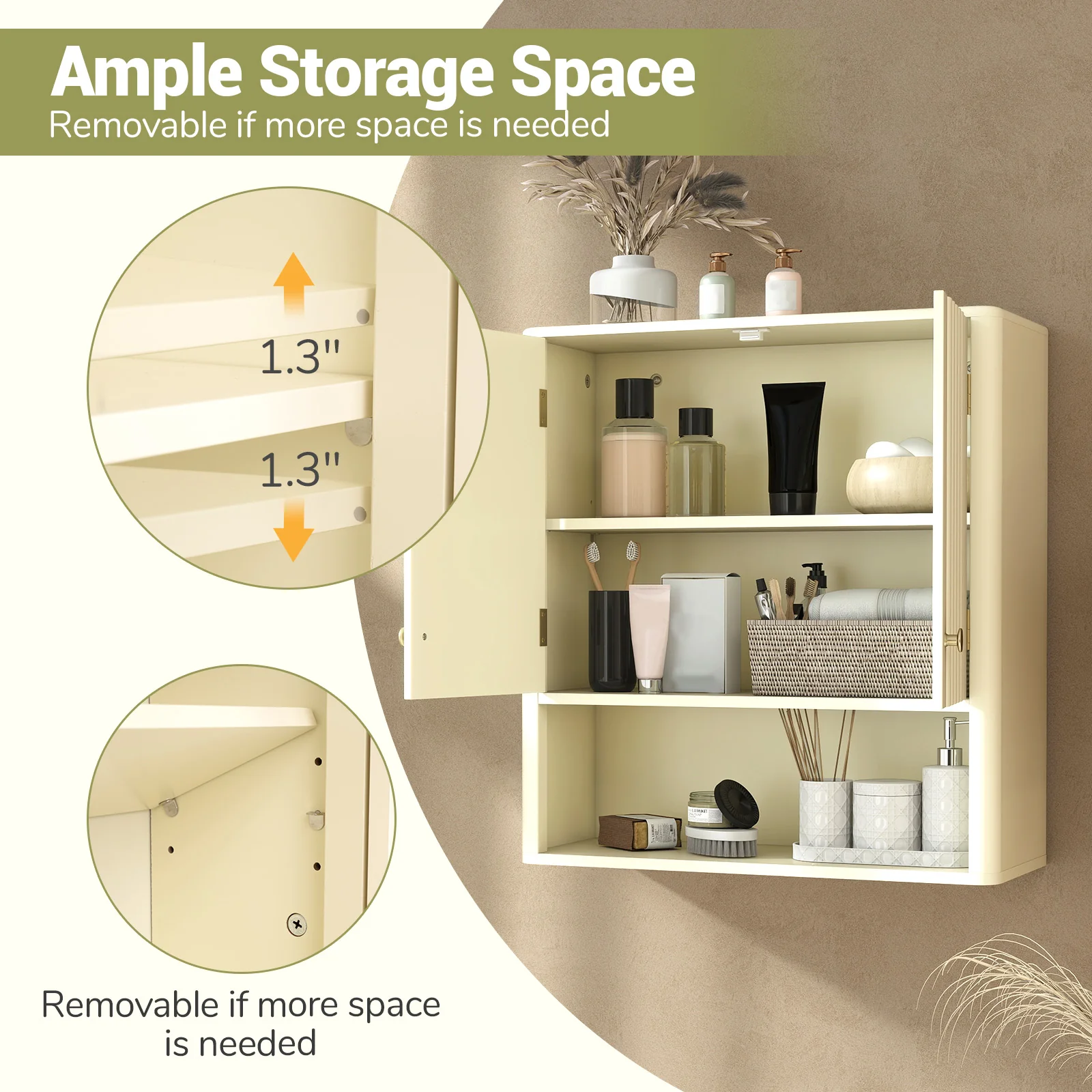 Fluted Bathroom Wall Cabinet With Open Shelf, Beige - Image 10