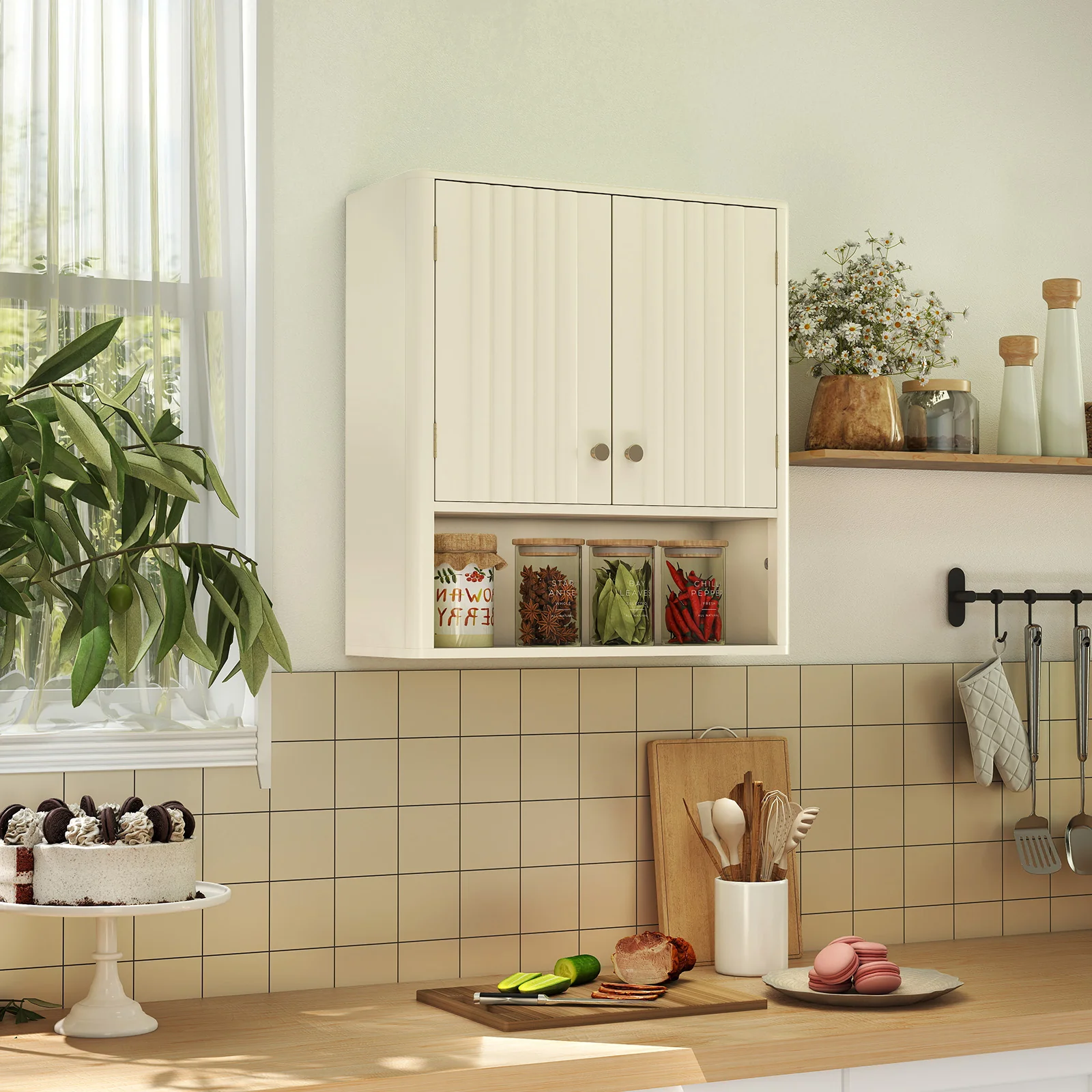Fluted Bathroom Wall Cabinet With Open Shelf, Beige - Image 3