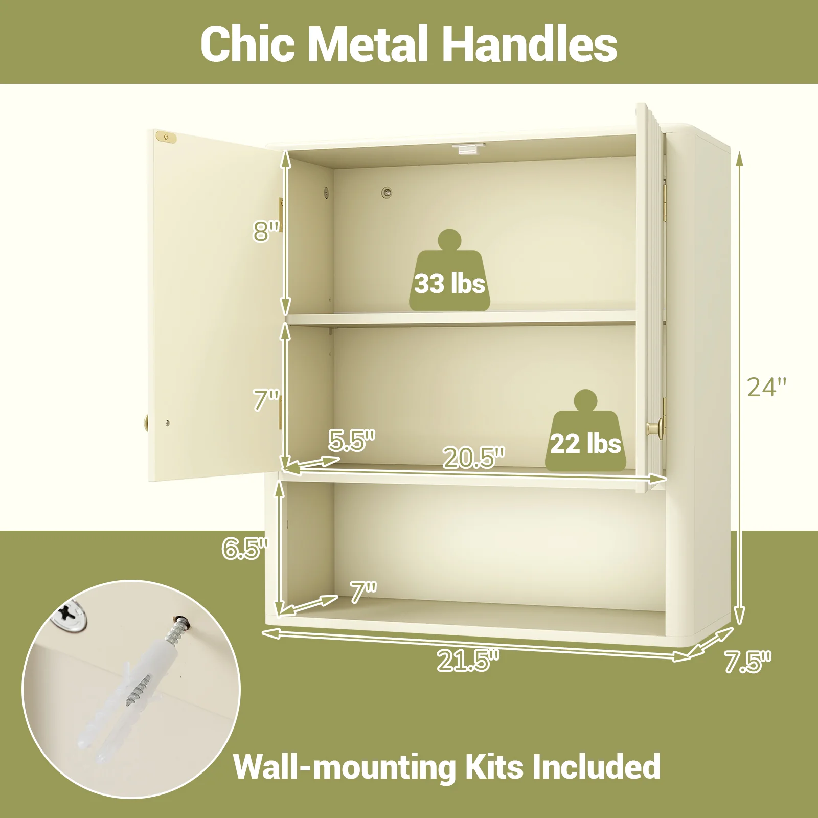 Fluted Bathroom Wall Cabinet With Open Shelf, Beige - Image 6