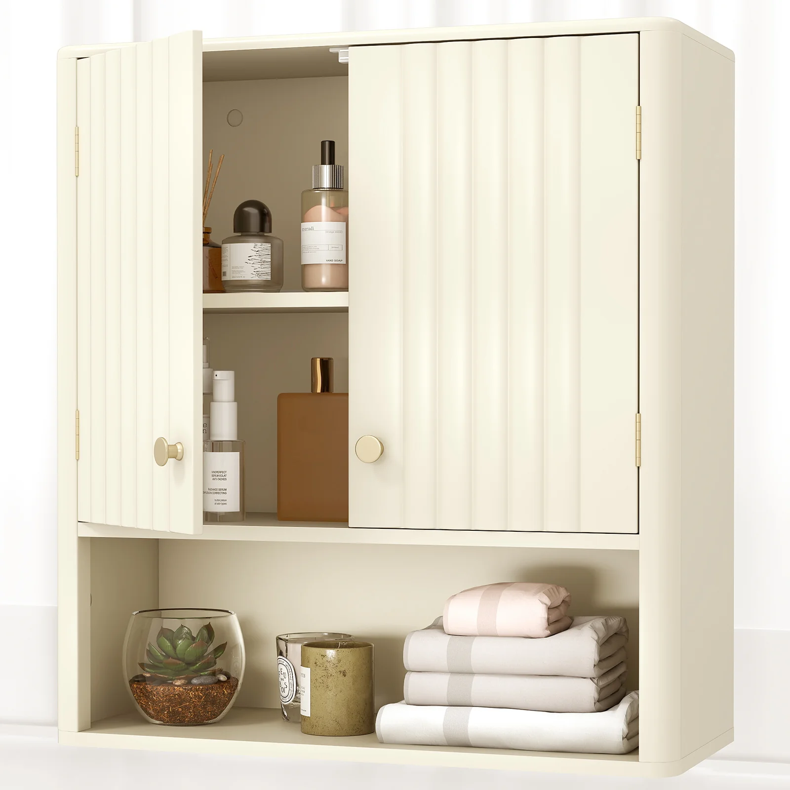 Fluted Bathroom Wall Cabinet With Open Shelf, Beige - Image 7