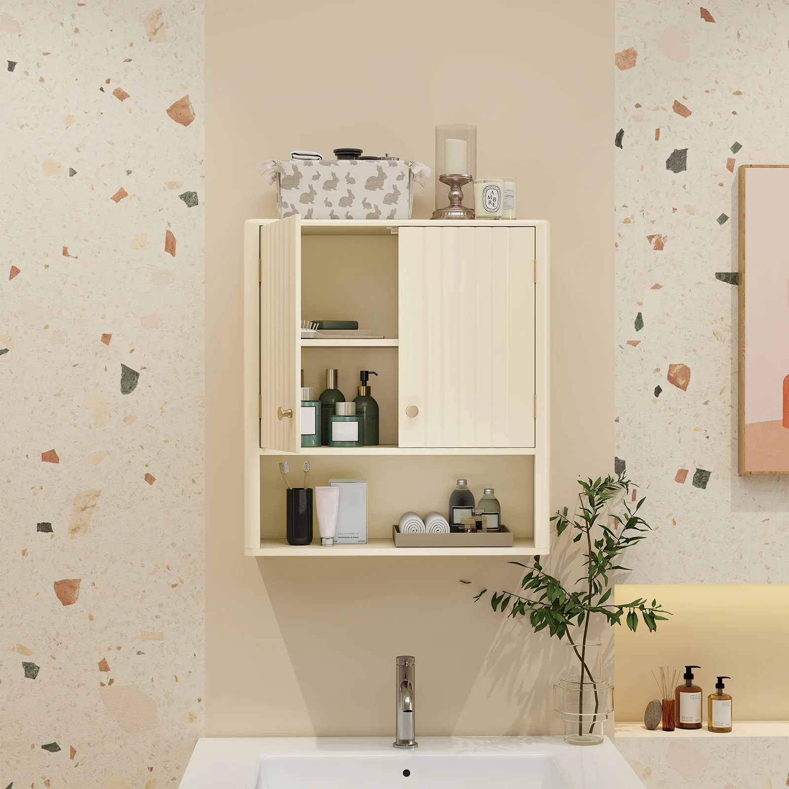 Fluted Bathroom Wall Cabinet With Open Shelf, Beige - Image 8
